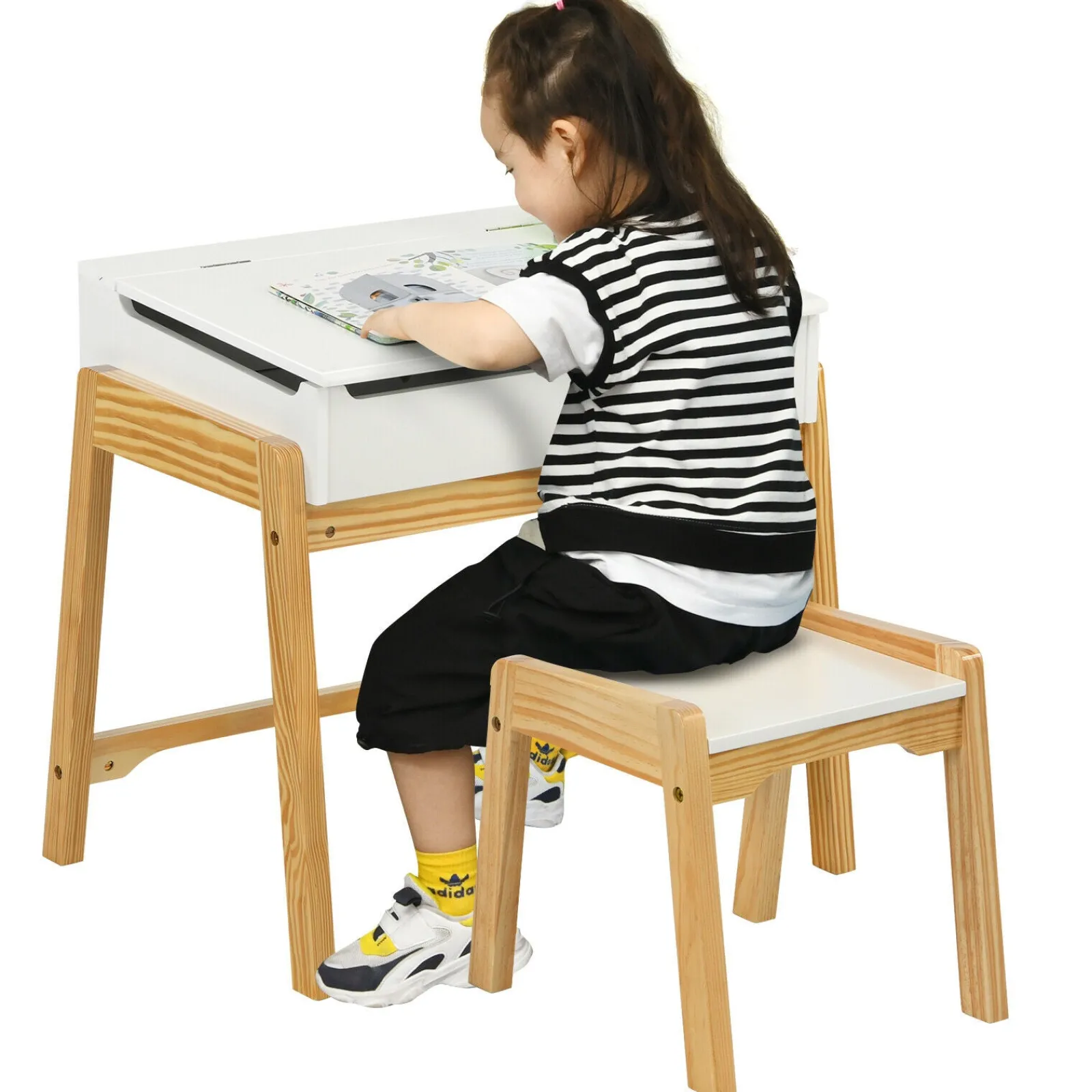 Kinder Little Helper Schreibtisch- und Stuhlset für Kinder | Hausaufgabentisch | Weiß- und Natur-Finish | Ab 3 Jahren