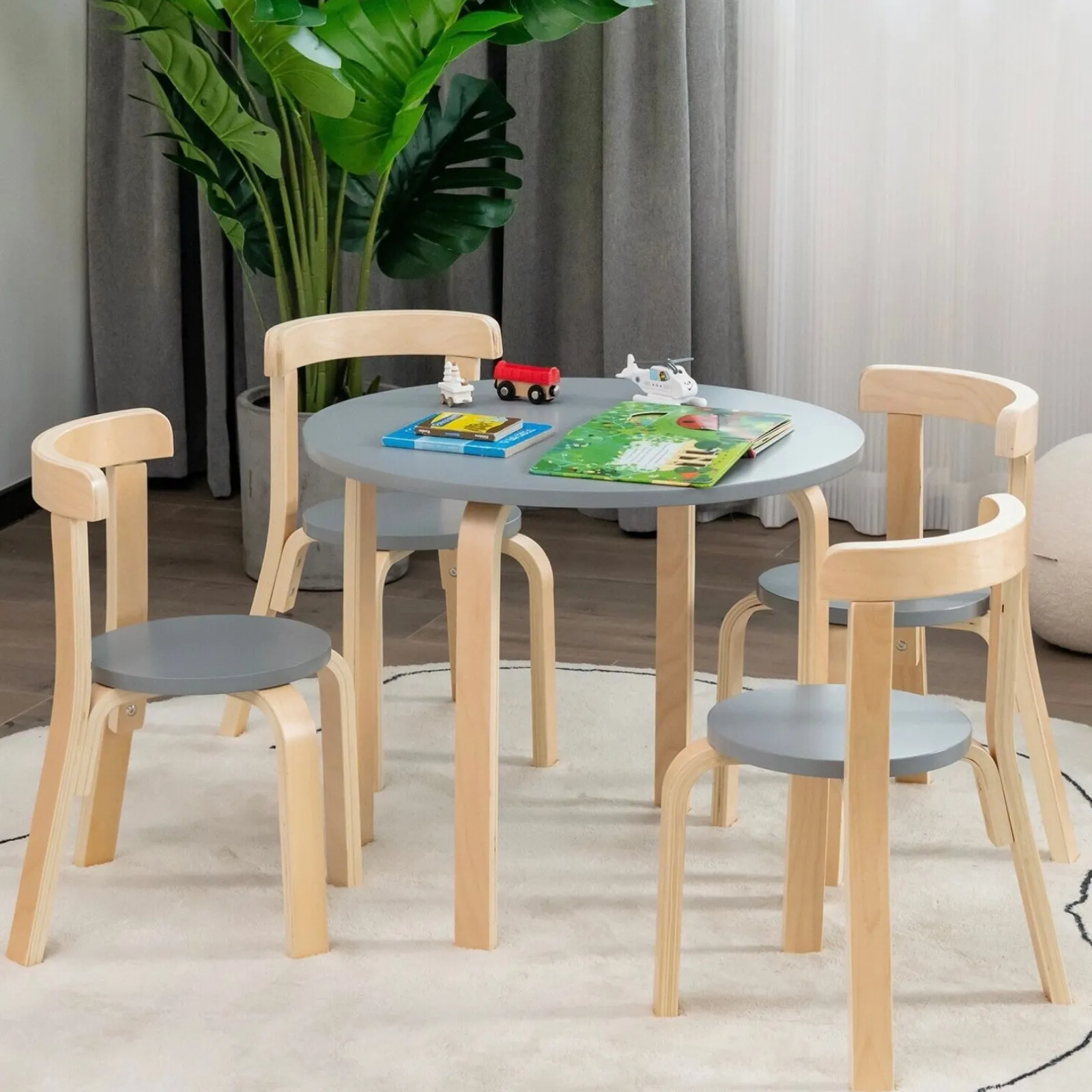 Kinder Little Helper Set aus Holztisch und 4 Stühlen für Kinder | Geschwungenes Design | Birke und Grau
