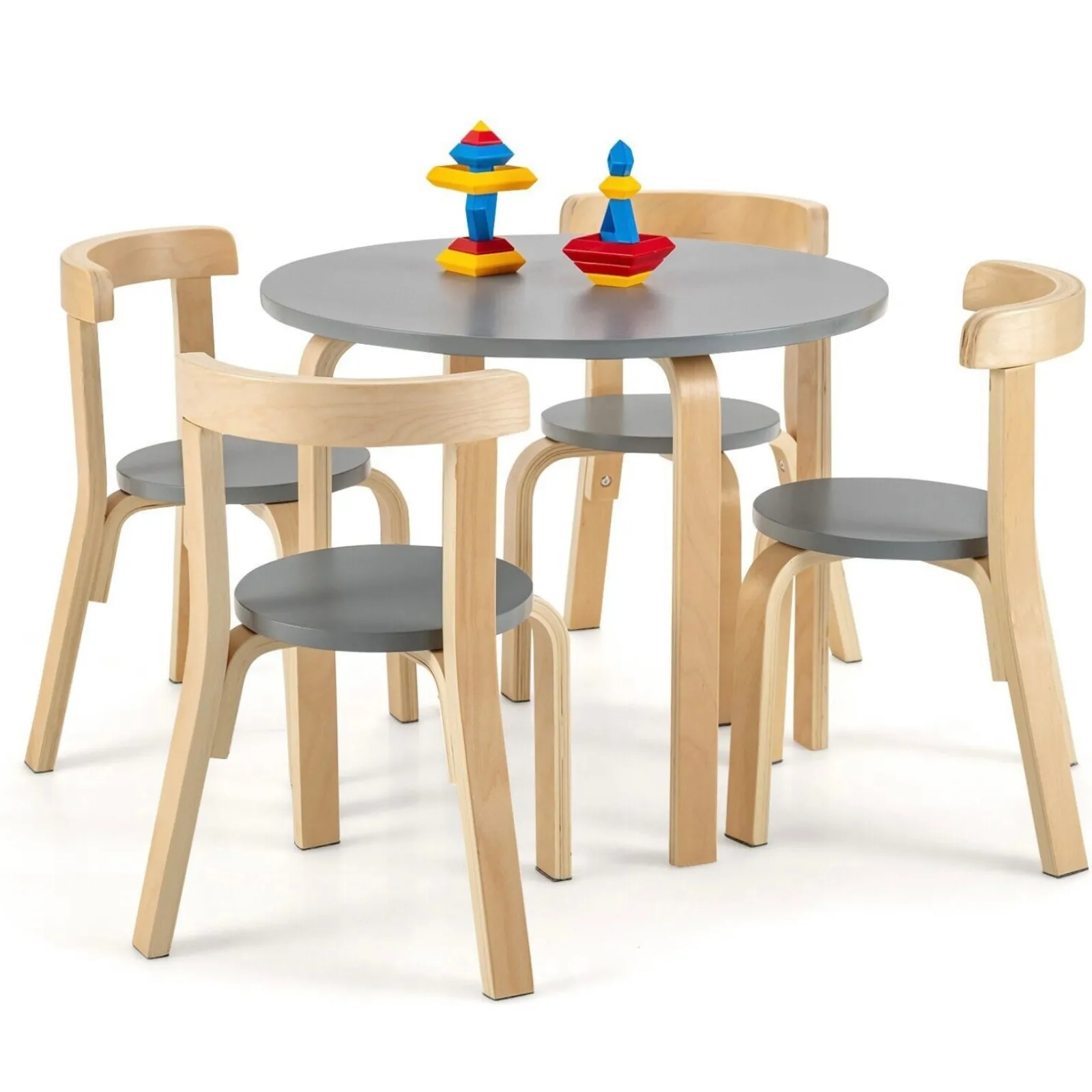 Kinder Little Helper Set aus Holztisch und 4 Stühlen für Kinder | Geschwungenes Design | Birke und Grau