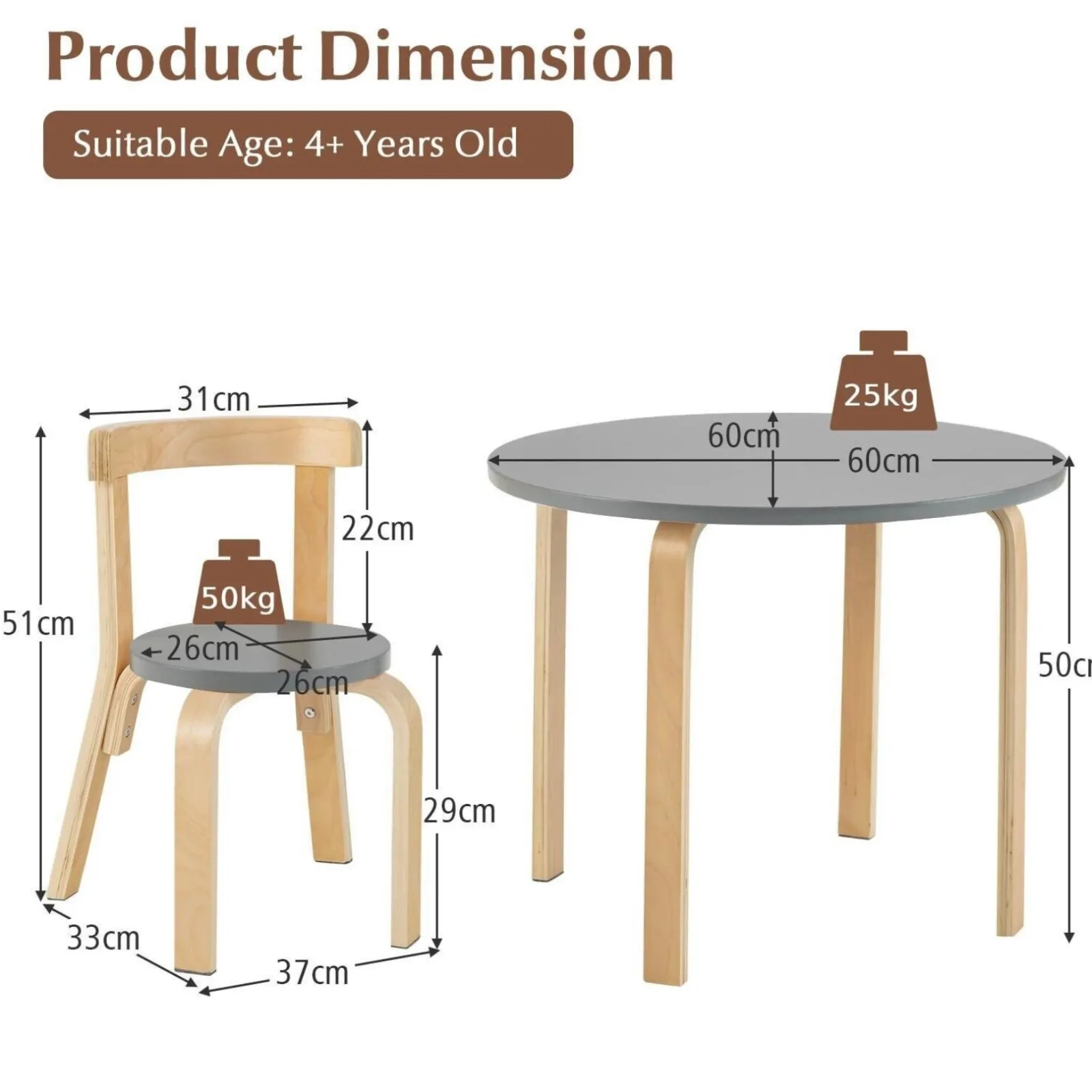 Kinder Little Helper Set aus Holztisch und 4 Stühlen für Kinder | Geschwungenes Design | Birke und Grau