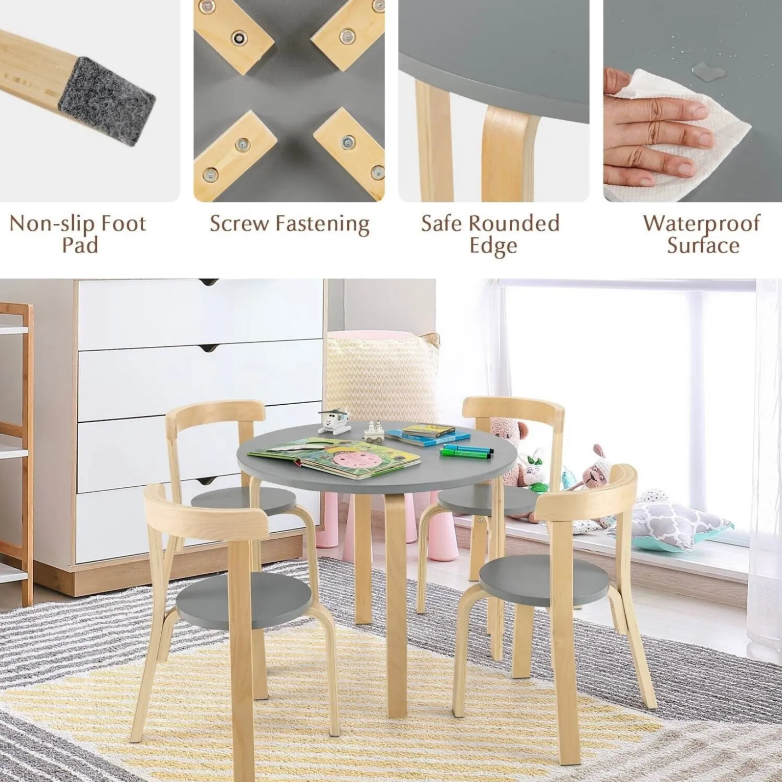 Kinder Little Helper Set aus Holztisch und 4 Stühlen für Kinder | Geschwungenes Design | Birke und Grau