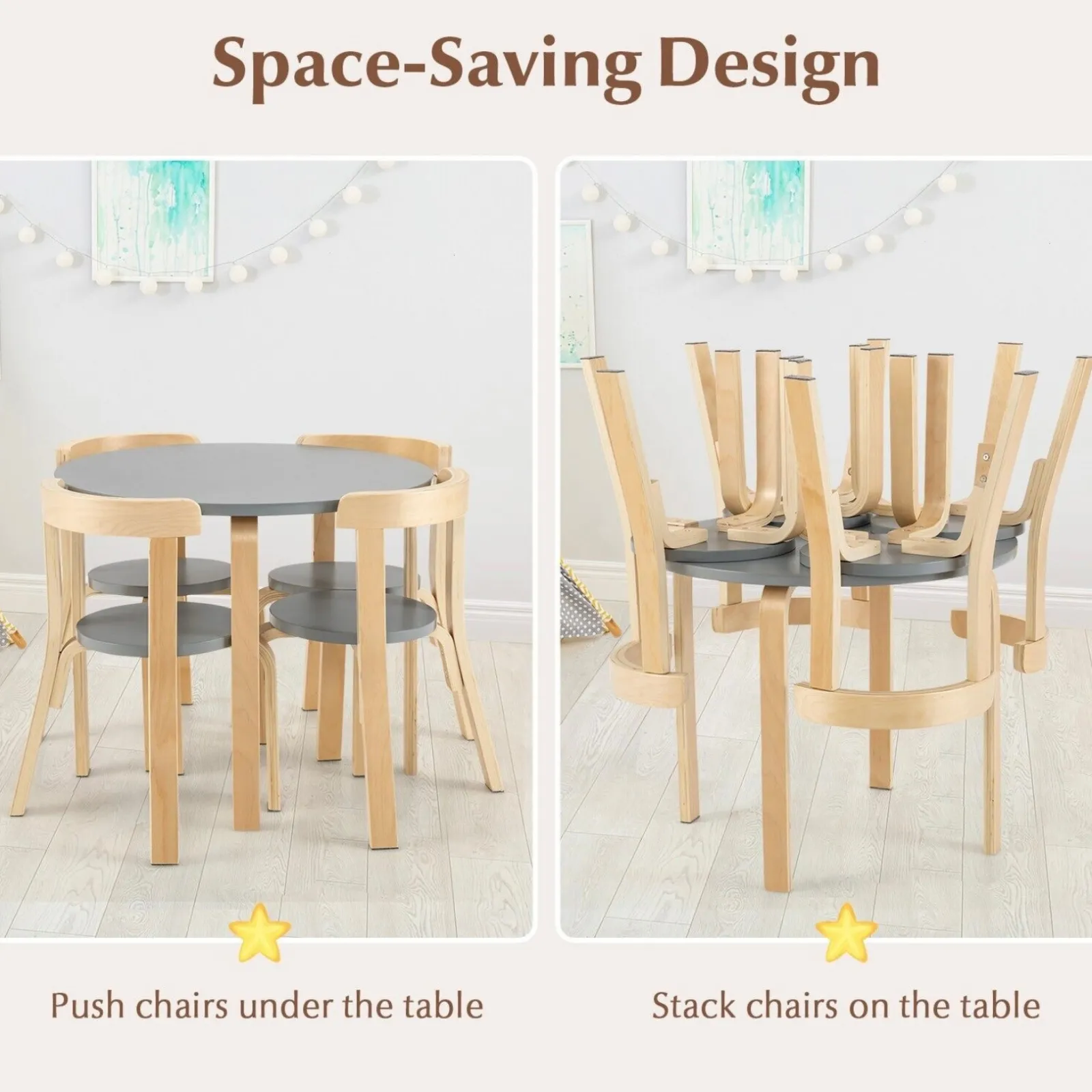 Kinder Little Helper Set aus Holztisch und 4 Stühlen für Kinder | Geschwungenes Design | Birke und Grau