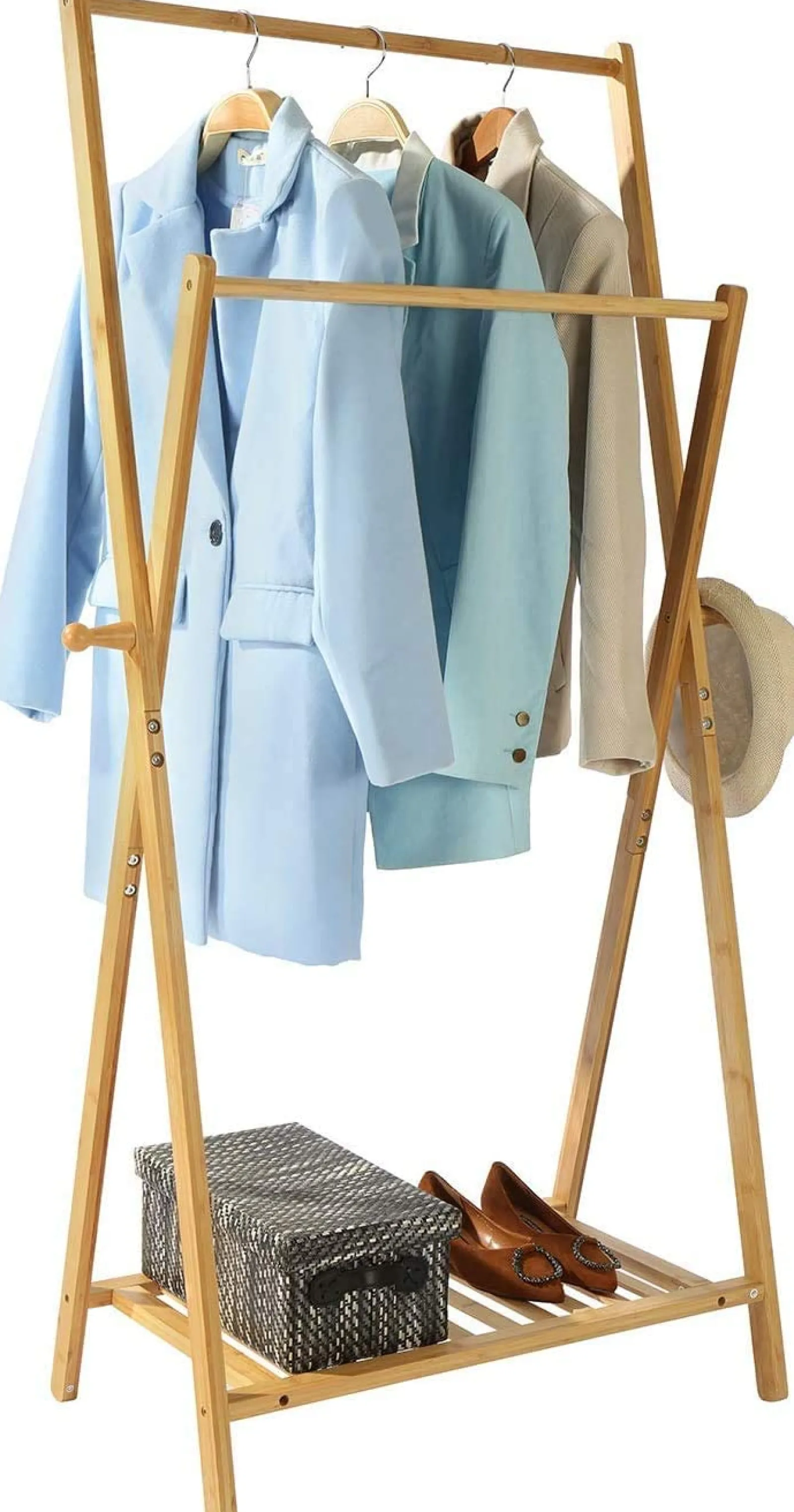 Kinder Little Helper Skandinavischer 100 % Bambus-X-Frame-Montessori-Kleiderständer mit 2 Stangen, Regal und seitlichen Haken | 1,47 m hoch
