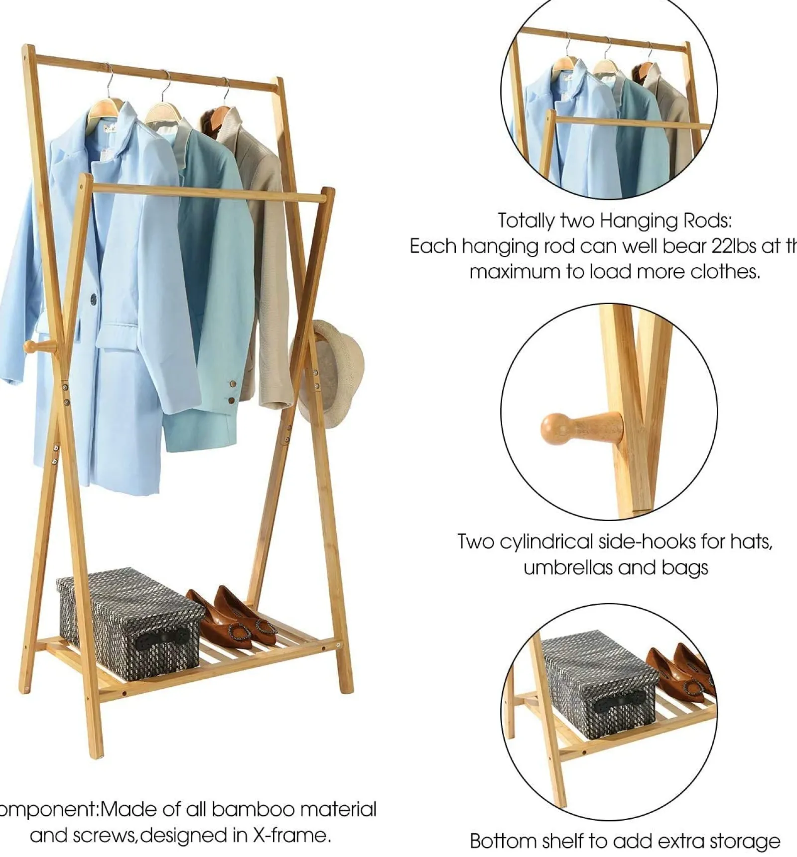 Kinder Little Helper Skandinavischer 100 % Bambus-X-Frame-Montessori-Kleiderständer mit 2 Stangen, Regal und seitlichen Haken | 1,47 m hoch