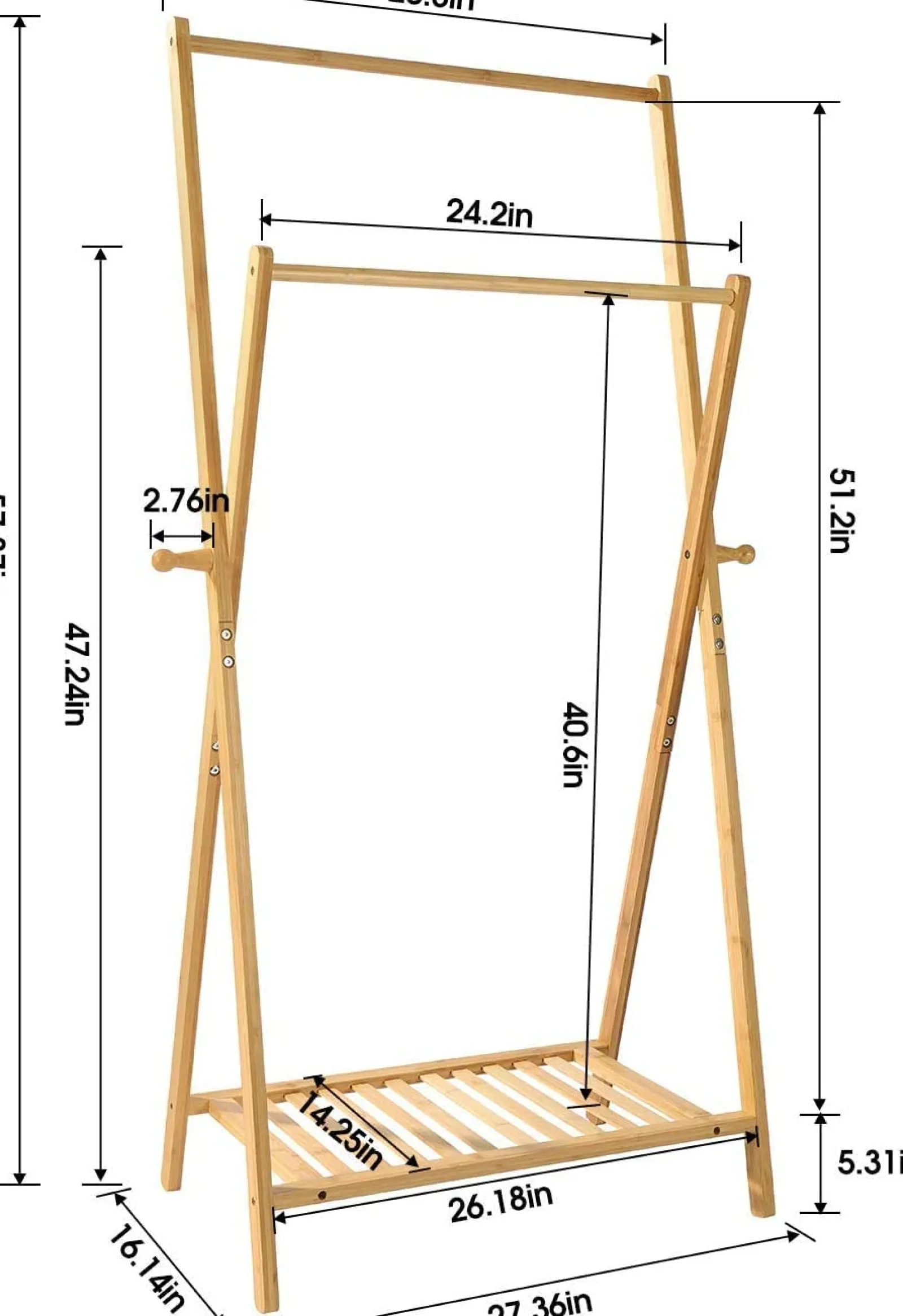 Kinder Little Helper Skandinavischer 100 % Bambus-X-Frame-Montessori-Kleiderständer mit 2 Stangen, Regal und seitlichen Haken | 1,47 m hoch