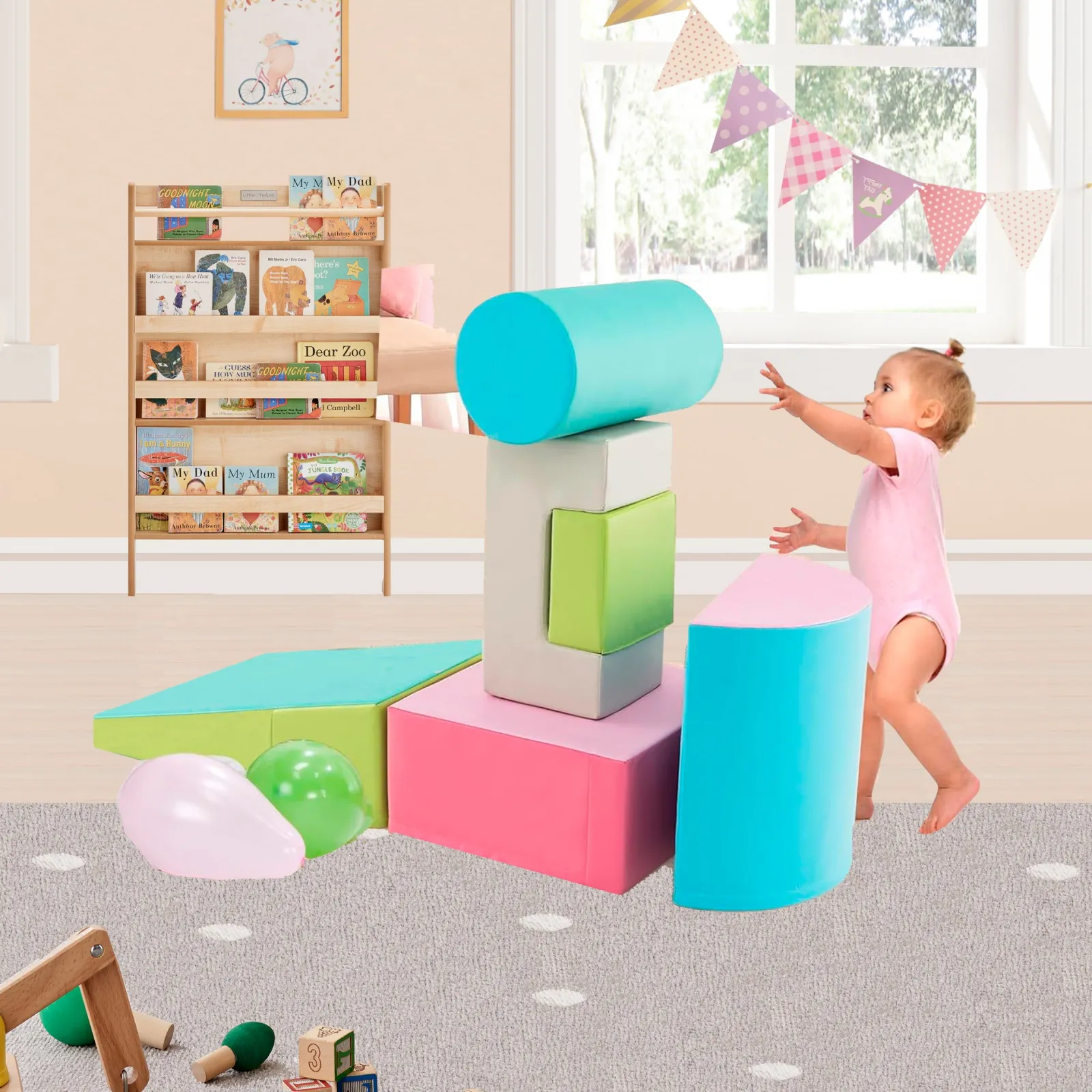 Kinder Little Helper Softspielgeräte | Pikler 6-teiliges Schaumstoff-Softspielset | Weiche Spielrutsche und Brücke | Mittlere Pastelle | 1-3 Jahre