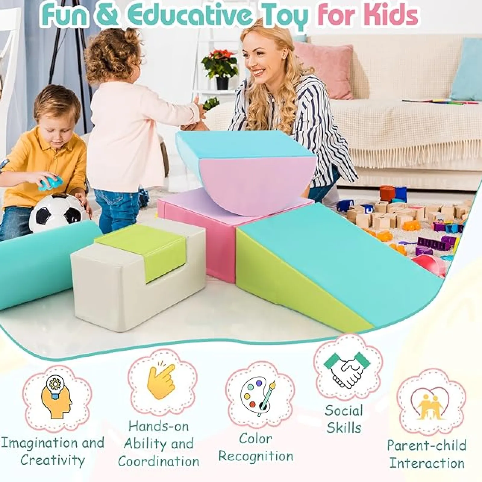 Kinder Little Helper Softspielgeräte | Pikler 6-teiliges Schaumstoff-Softspielset | Weiche Spielrutsche und Brücke | Mittlere Pastelle | 1-3 Jahre