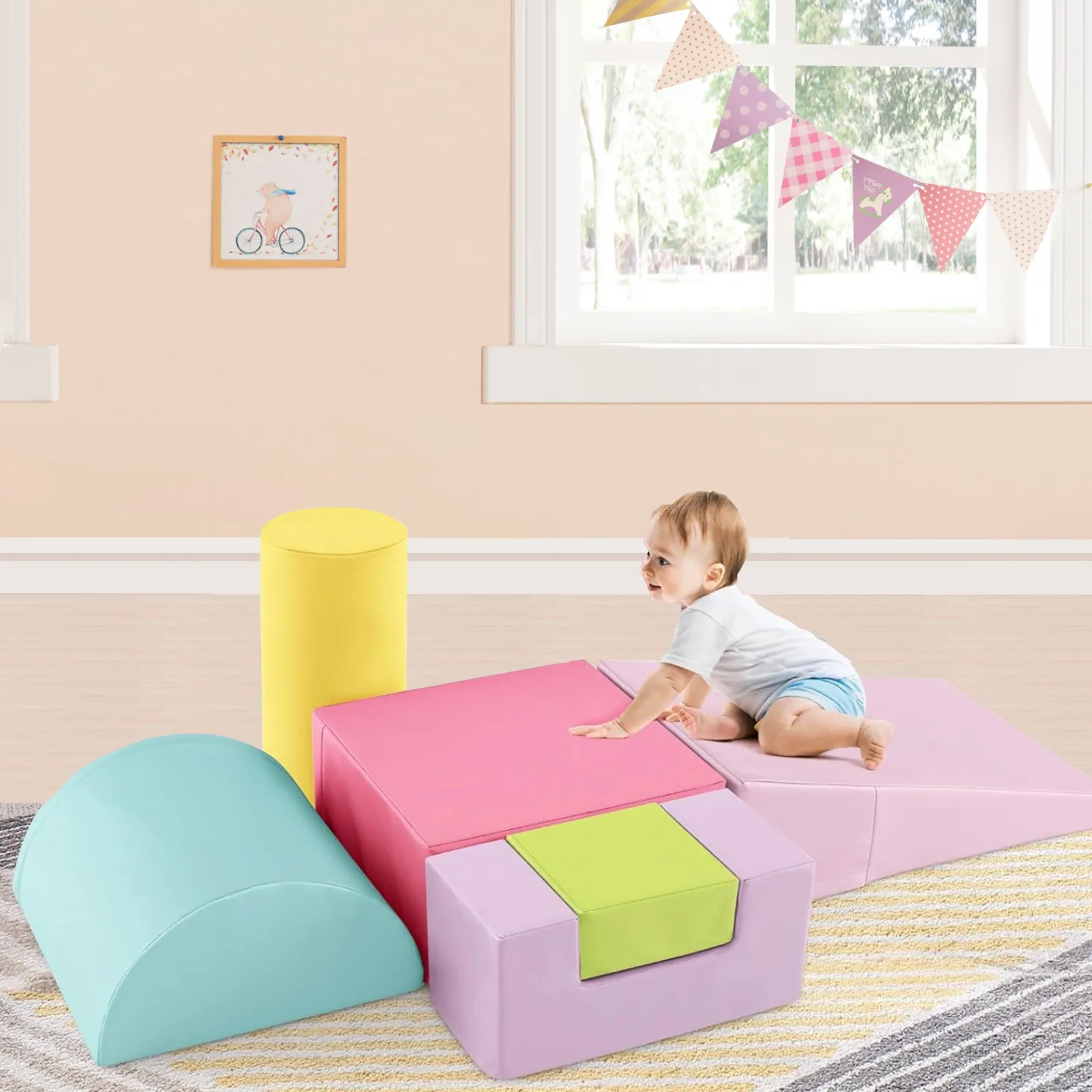 Kinder Little Helper Softspielgeräte | Pikler 6-teiliges Schaumstoff-Softspielset | Weiche Spielrutsche und Brücke | Pastell-Set | 1-3 Jahre