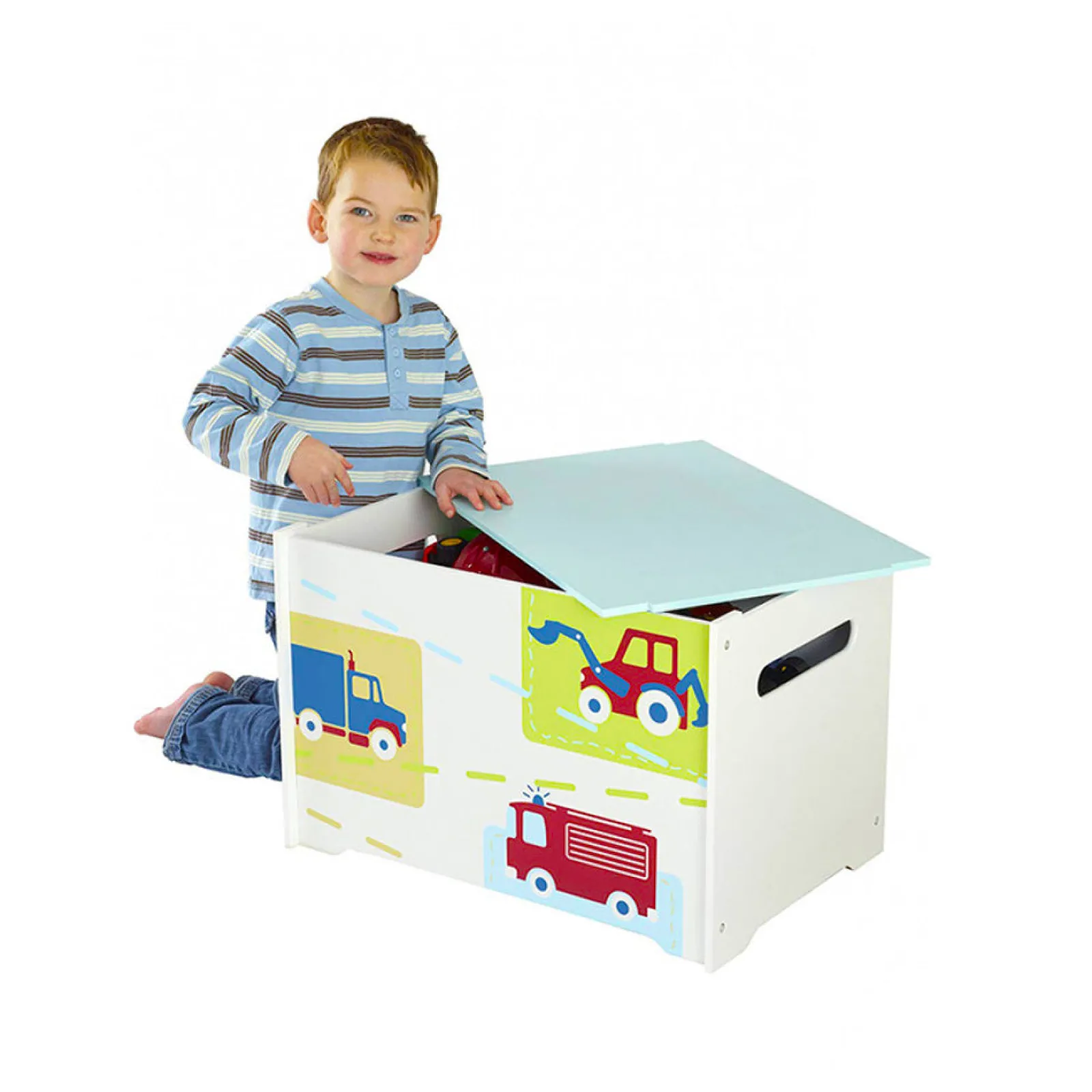 Kinder Little Helper Spielzeugkiste mit LKWs und Traktoren | Spielzeugkiste aus Holz | Aufbewahrungsbox für Spielzeug