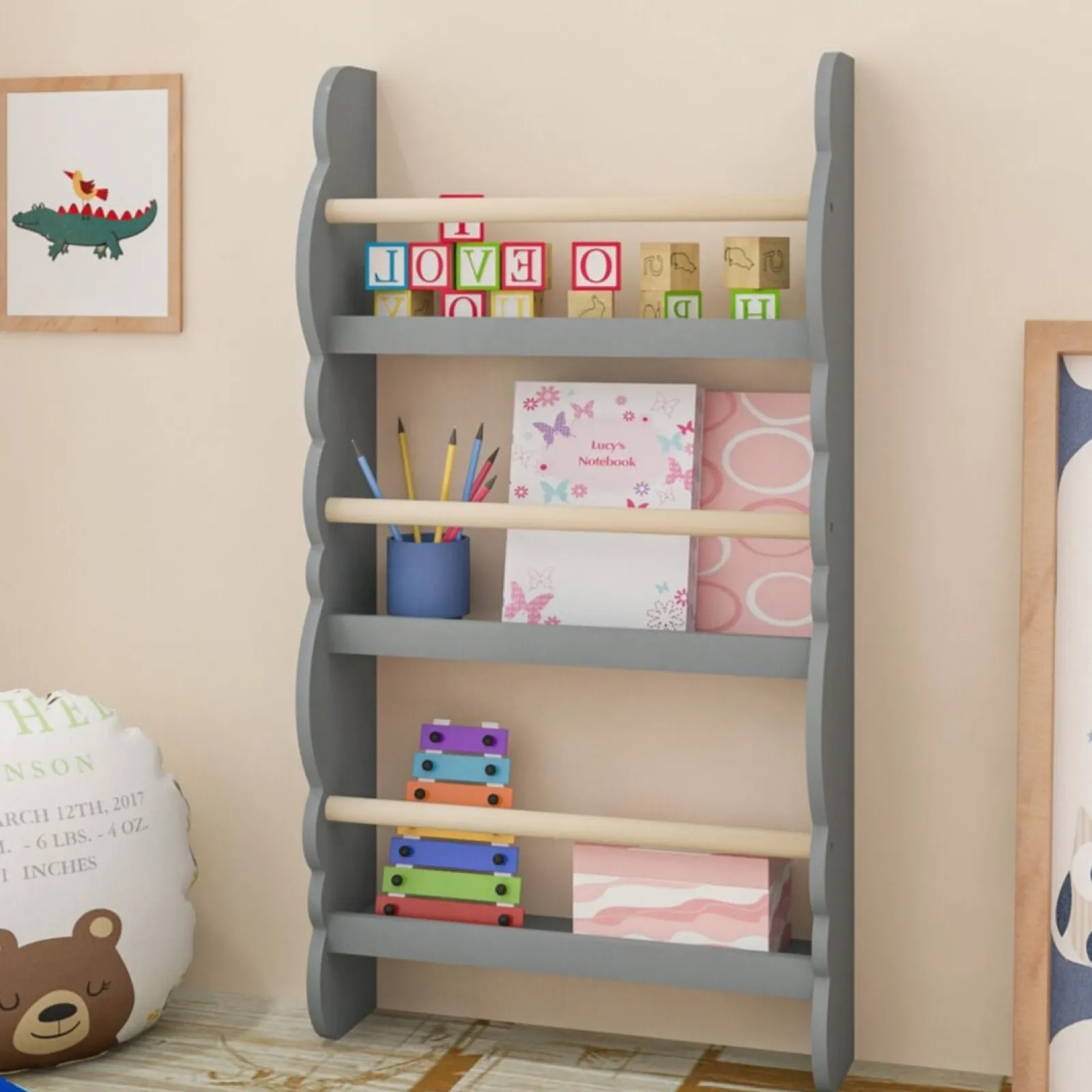 Kinder Little Helper 3-Stöckiges Montessori-Bücherregal Im Skandinavischen Design Zur Wandmontage | Grau