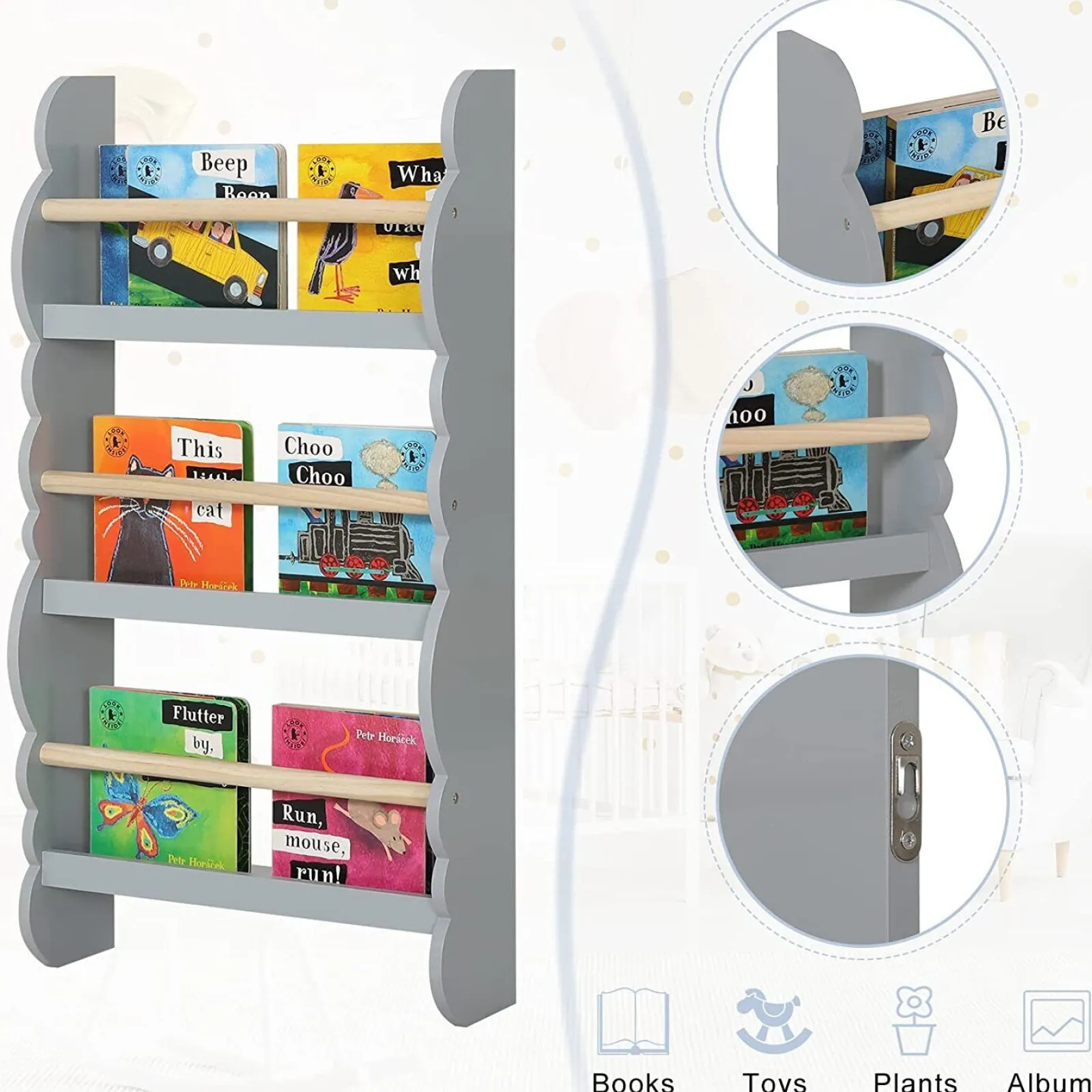 Kinder Little Helper 3-Stöckiges Montessori-Bücherregal Im Skandinavischen Design Zur Wandmontage | Grau