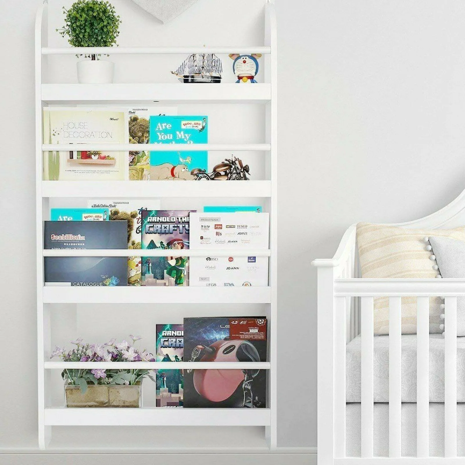Kinder Little Helper 4-stöckiges Montessori-Bücherregal zur Wandmontage für Babys und Kleinkinder | weiß | 1,13m hoch