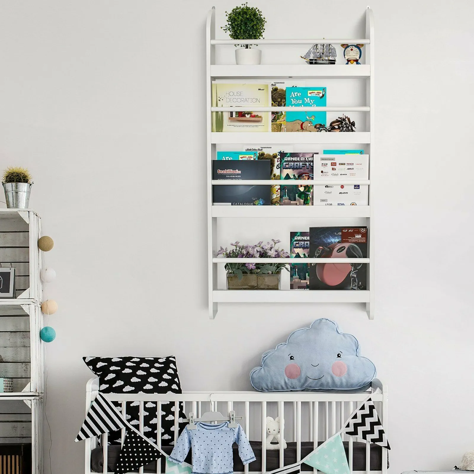 Kinder Little Helper 4-stöckiges Montessori-Bücherregal zur Wandmontage für Babys und Kleinkinder | weiß | 1,13m hoch