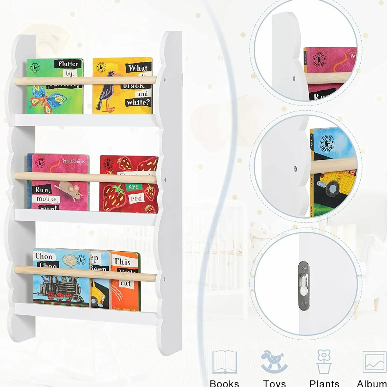 Kinder Little Helper 3-Stöckiges Montessori-Bücherregal Zur Wandmontage Im Scandi-Design | Weiß