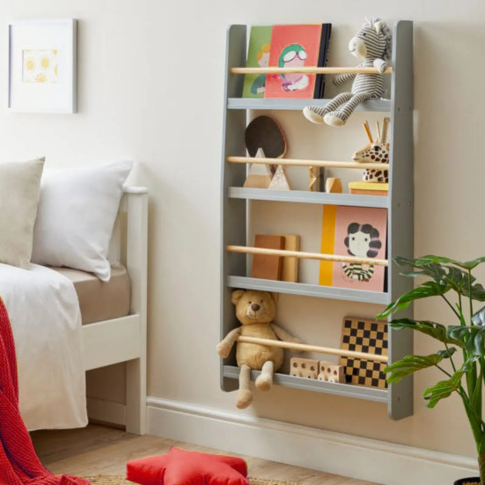 Kinder Little Helper 4-stöckiges, wandmontiertes Montessori-Bücherregal im skandinavischen Design | grau | 1,12m hoch