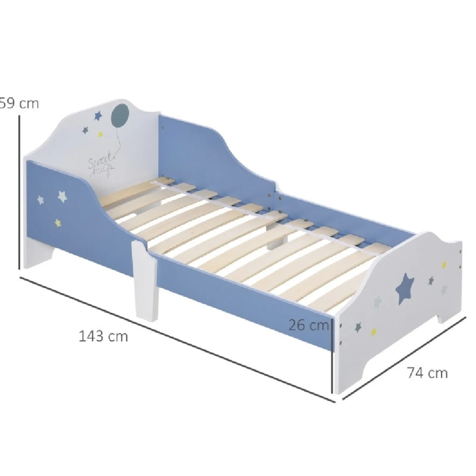 Kinder Little Helper Superstar „Sweet Hugs“ Kinder-Einzelbett mit Seitengittern | Blau & Weiß | 1,43 m lang x 73 cm breit | 3–6 Jahre