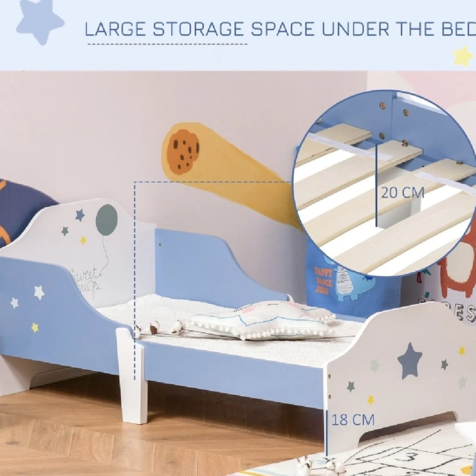 Kinder Little Helper Superstar „Sweet Hugs“ Kinder-Einzelbett mit Seitengittern | Blau & Weiß | 1,43 m lang x 73 cm breit | 3–6 Jahre
