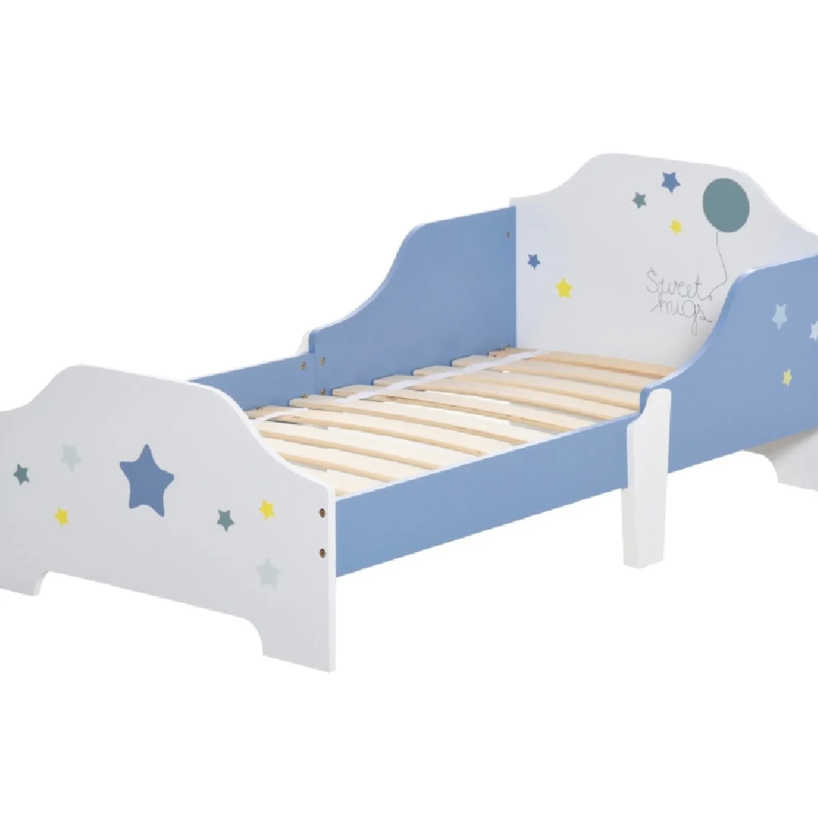 Kinder Little Helper Superstar „Sweet Hugs“ Kinder-Einzelbett mit Seitengittern | Blau & Weiß | 1,43 m lang x 73 cm breit | 3–6 Jahre