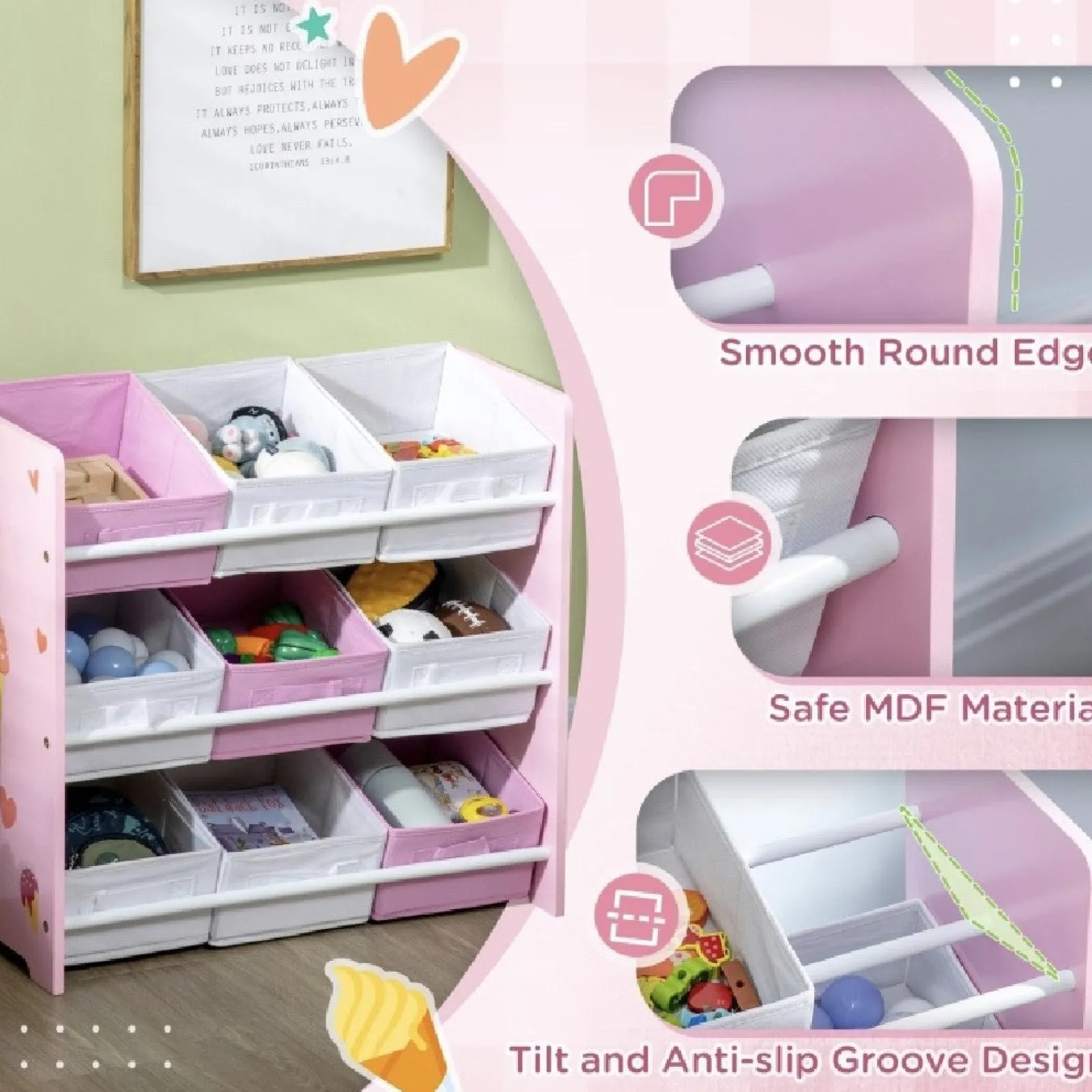 Kinder Little Helper Sweetheart-Aufbewahrungseinheit mit 9 herausnehmbaren Aufbewahrungskörben | Spielzeugkisten-Organizer mit Regal | Rosa | Ab 3 Jahren
