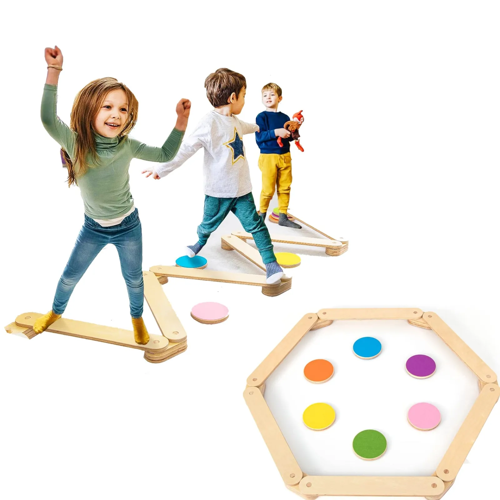 Kinder Little Helper 12-teiliger Montessori-Pikler-Schwebebalken aus Ökoholz | Trittsteine ​​und -scheiben | natürlich | 3-7 Jahre