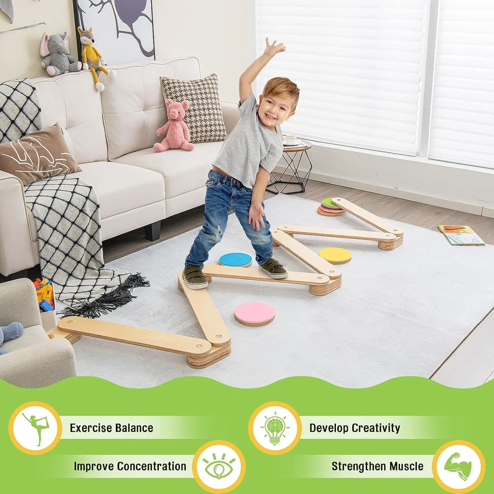 Kinder Little Helper 12-teiliger Montessori-Pikler-Schwebebalken aus Ökoholz | Trittsteine ​​und -scheiben | natürlich | 3-7 Jahre
