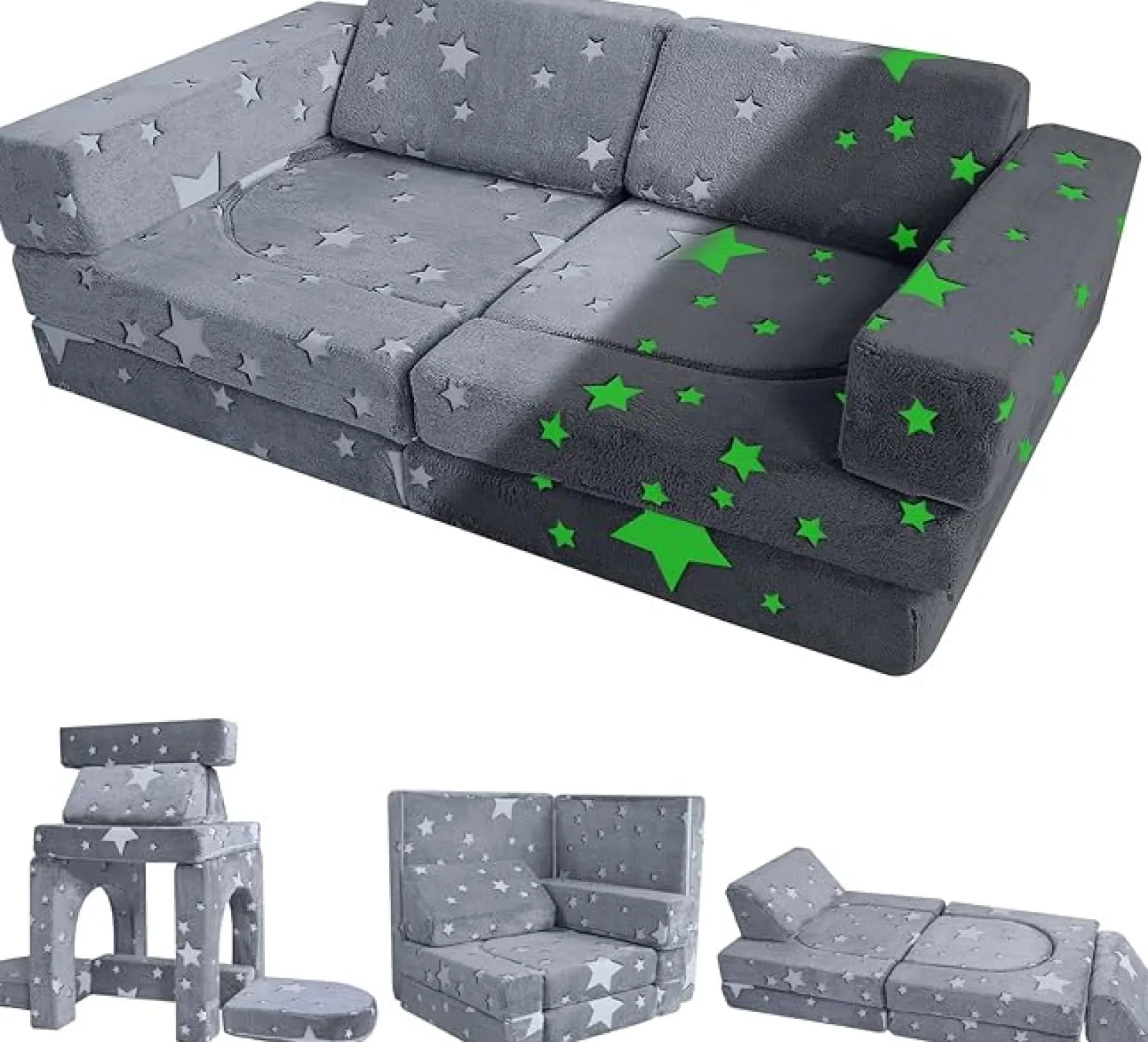 Little Helper 8-teiliges, im Dunkeln leuchtendes modulares Montessori-Softspielset | Schaumstoffbausteine ​​ | Sofacouch | Grau