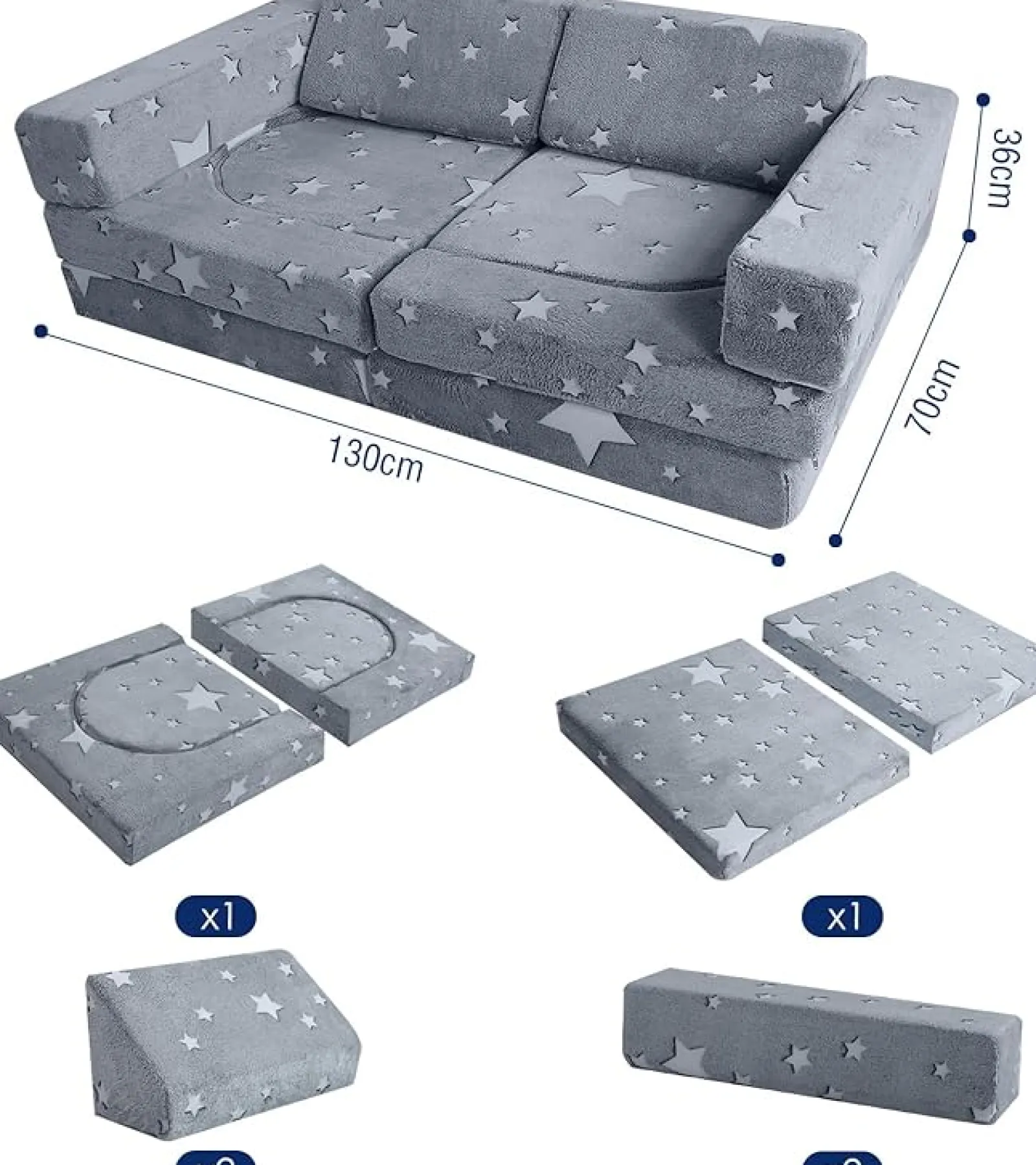 Little Helper 8-teiliges, im Dunkeln leuchtendes modulares Montessori-Softspielset | Schaumstoffbausteine ​​ | Sofacouch | Grau