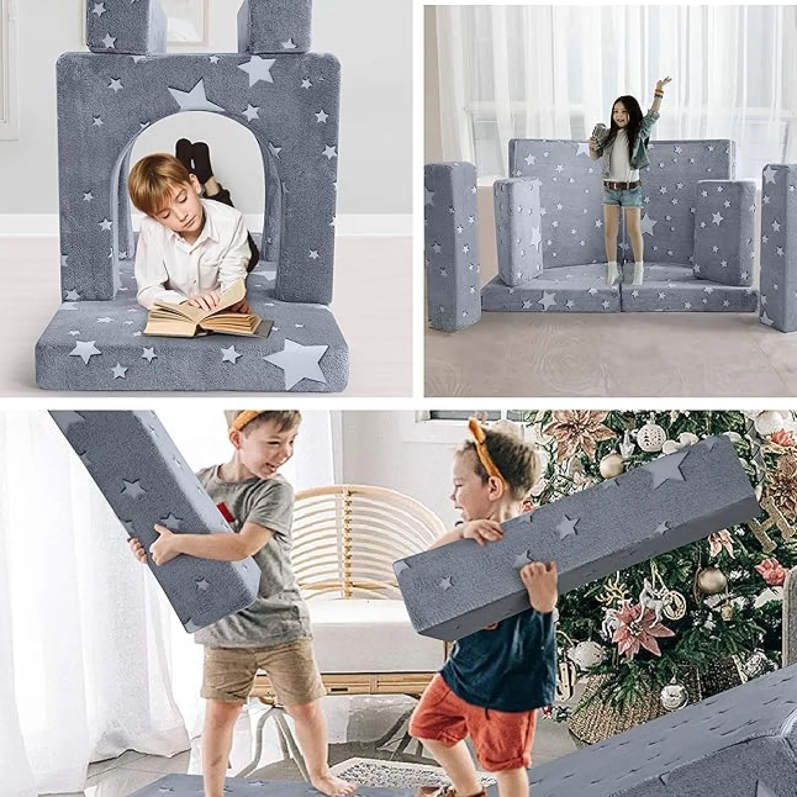Little Helper 8-teiliges, im Dunkeln leuchtendes modulares Montessori-Softspielset | Schaumstoffbausteine ​​ | Sofacouch | Grau