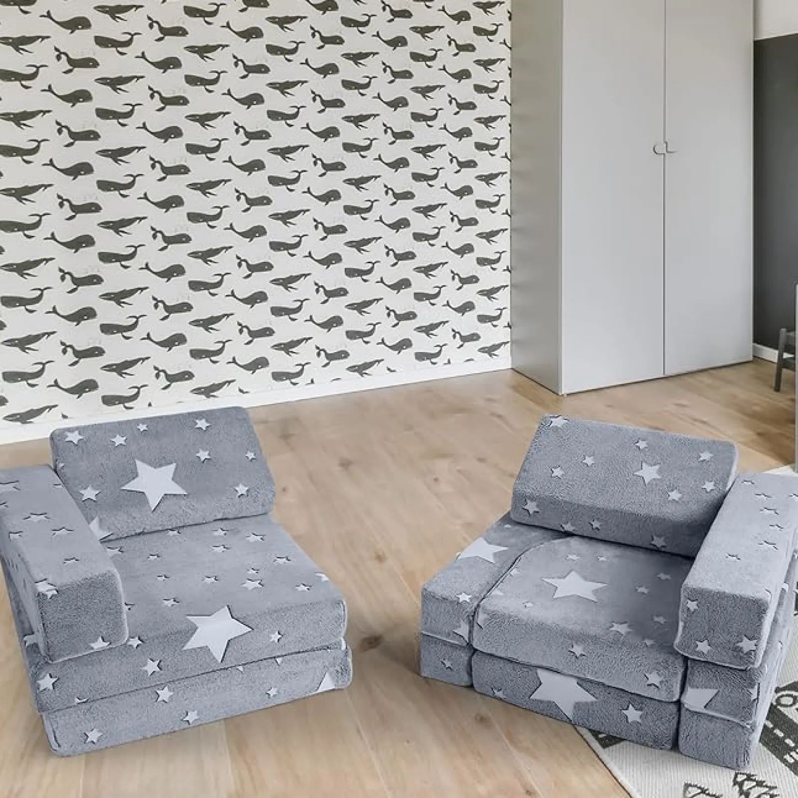 Little Helper 8-teiliges, im Dunkeln leuchtendes modulares Montessori-Softspielset | Schaumstoffbausteine ​​ | Sofacouch | Grau