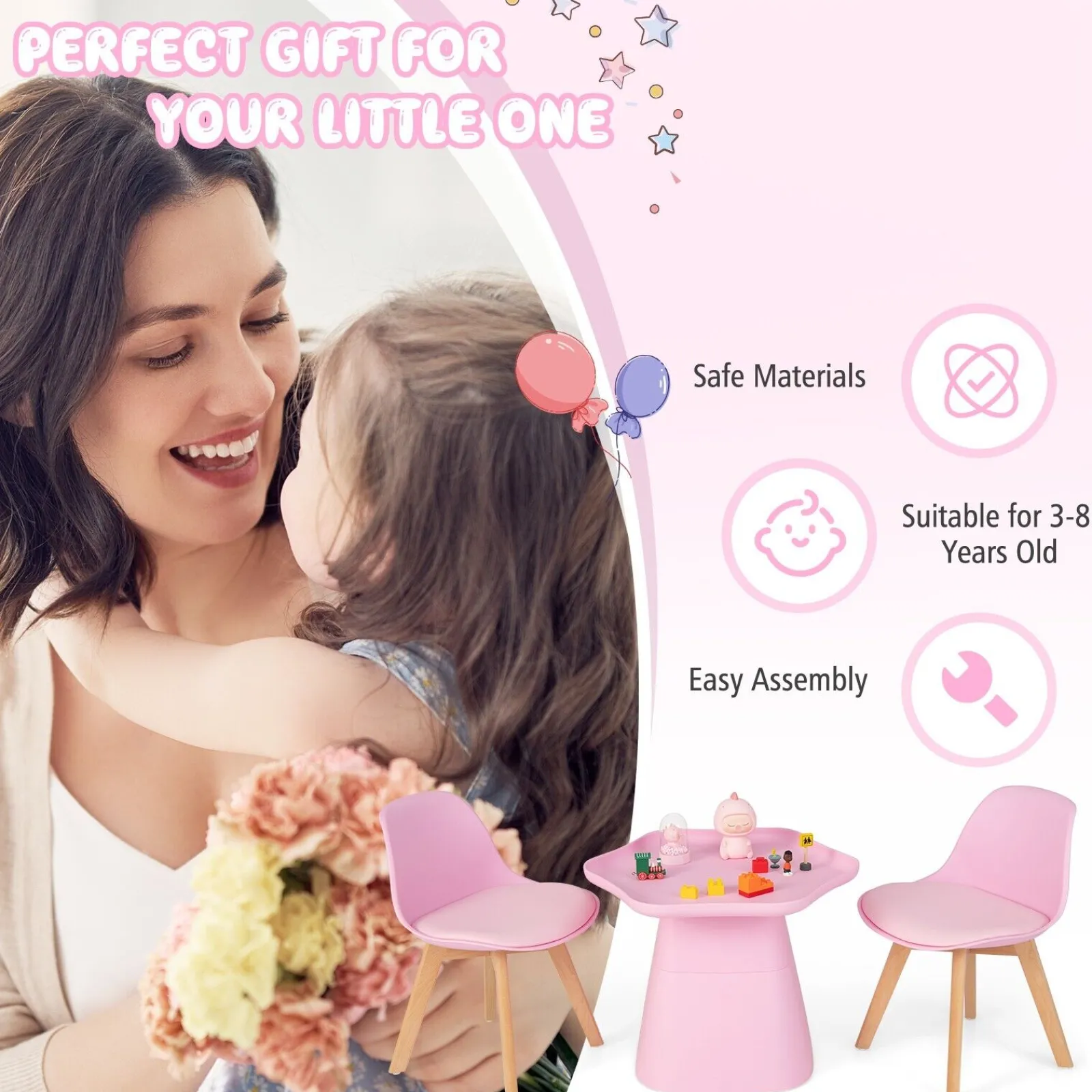 Kinder Little Helper 3-teiliges Kindertisch- und 2-Stühle-Set | Weich gepolsterte und ergonomische Sitze mit Rückenlehne | Rosa