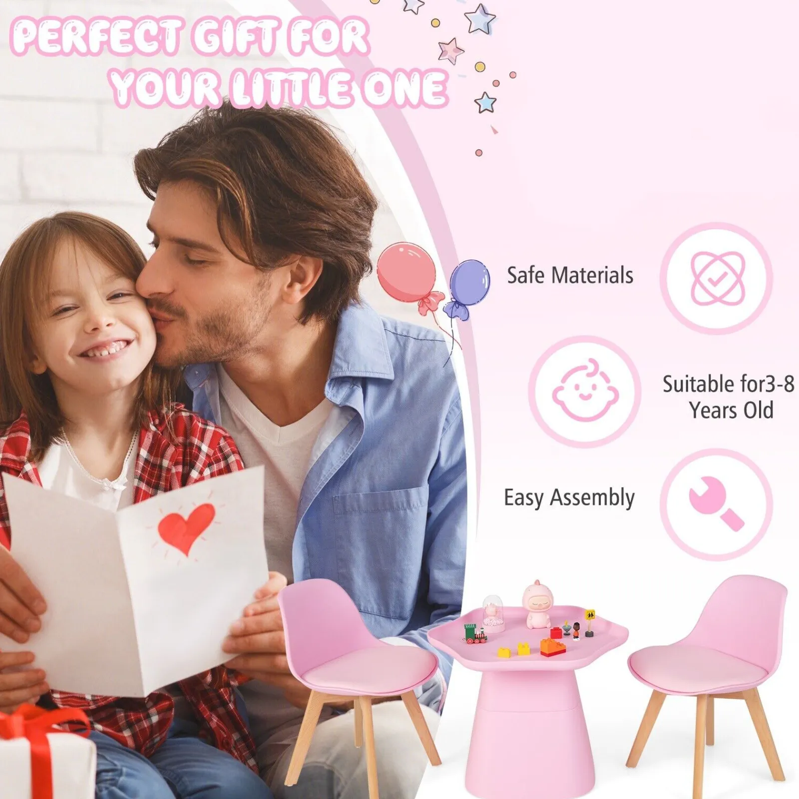 Kinder Little Helper 3-teiliges Kindertisch- und 2-Stühle-Set | Weich gepolsterte und ergonomische Sitze mit Rückenlehne | Rosa