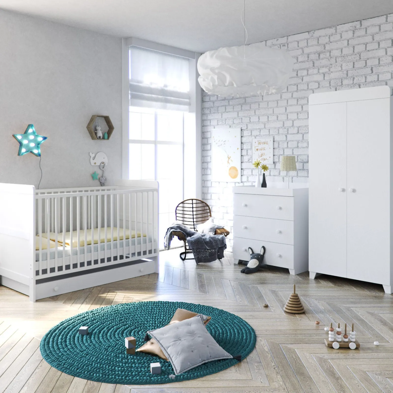 Kinder Little Helper 5-teiliges Kleinkinderzimmerset aus weißem Holz im italienischen Stil | Kinderbett | Deluxe-Matratze | Kleiderschrank | Kommode | Wickelkommode | Strahlendes Weiß