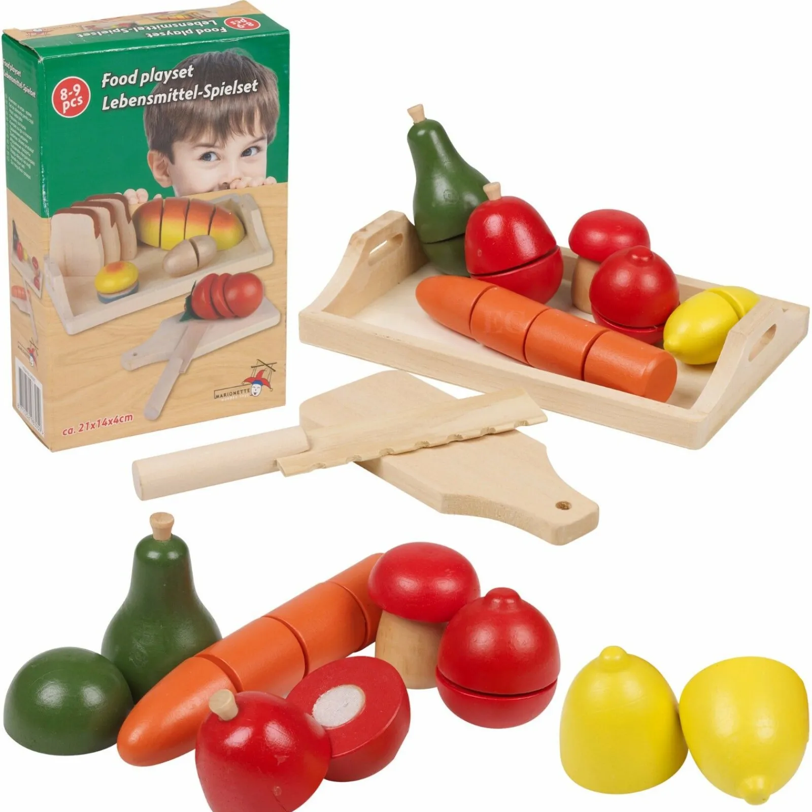 Kinder Little Helper 9-teiliges Montessori-Öko-Spiellebensmittel aus Holz | Holzspielzeug-Lebensmittel | Schneidebrett, Tablett und Obst | Ab 3 Jahren