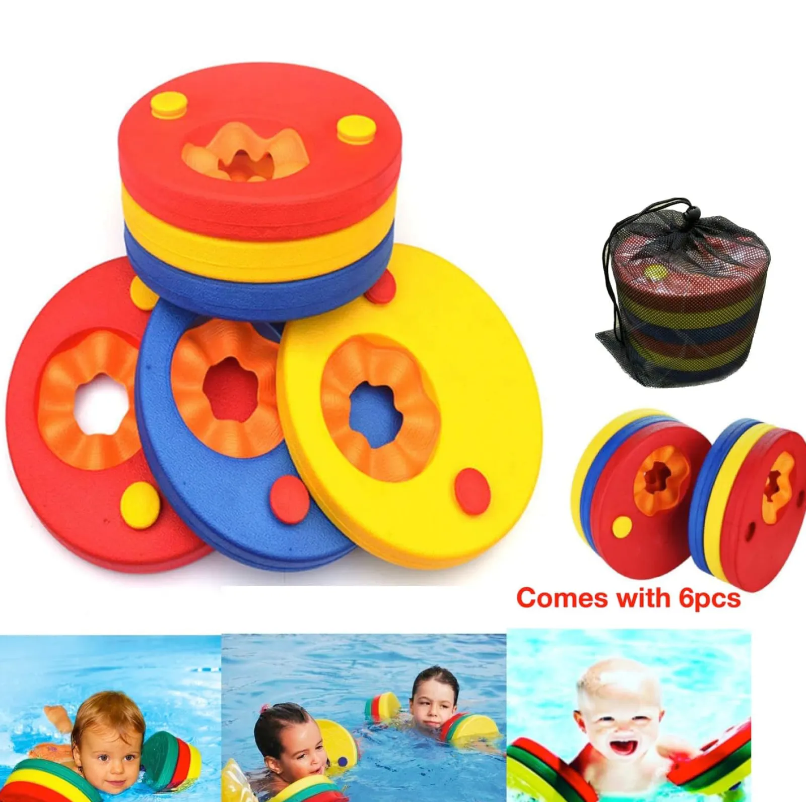 Kinder Little Helper 6-teiliges Set mit vollständig sicherheitsgeprüften Schwimmlernscheiben für Babys | EVA-Schaumarmbänder | Schwimmt | Netz-Tragetasche