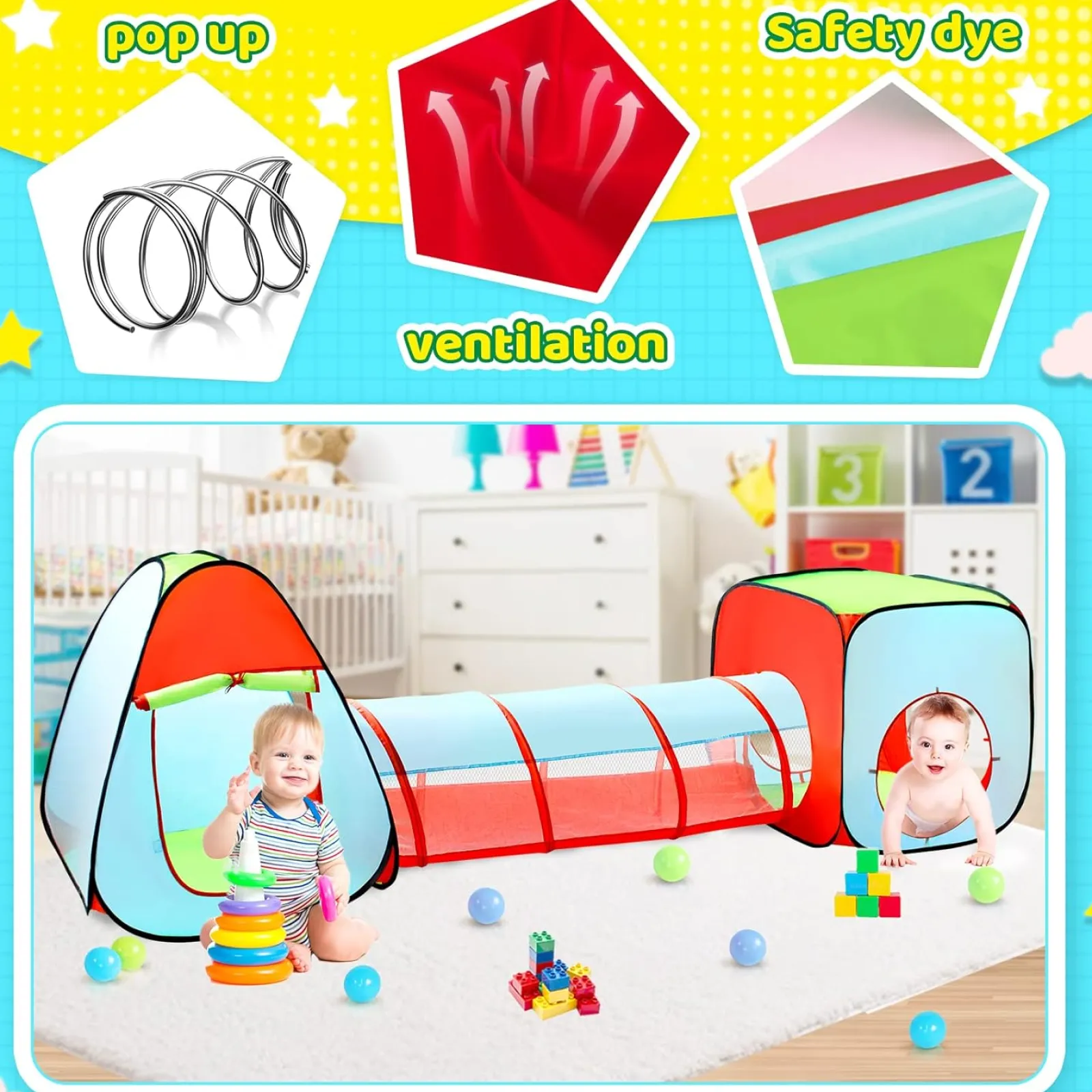 Kinder Little Helper 3-teiliges Spielzelt für Kinder mit Bällebad | Spieltunnel und Tipi-Zelt | Pop-Up-Spielhaus | Höhle