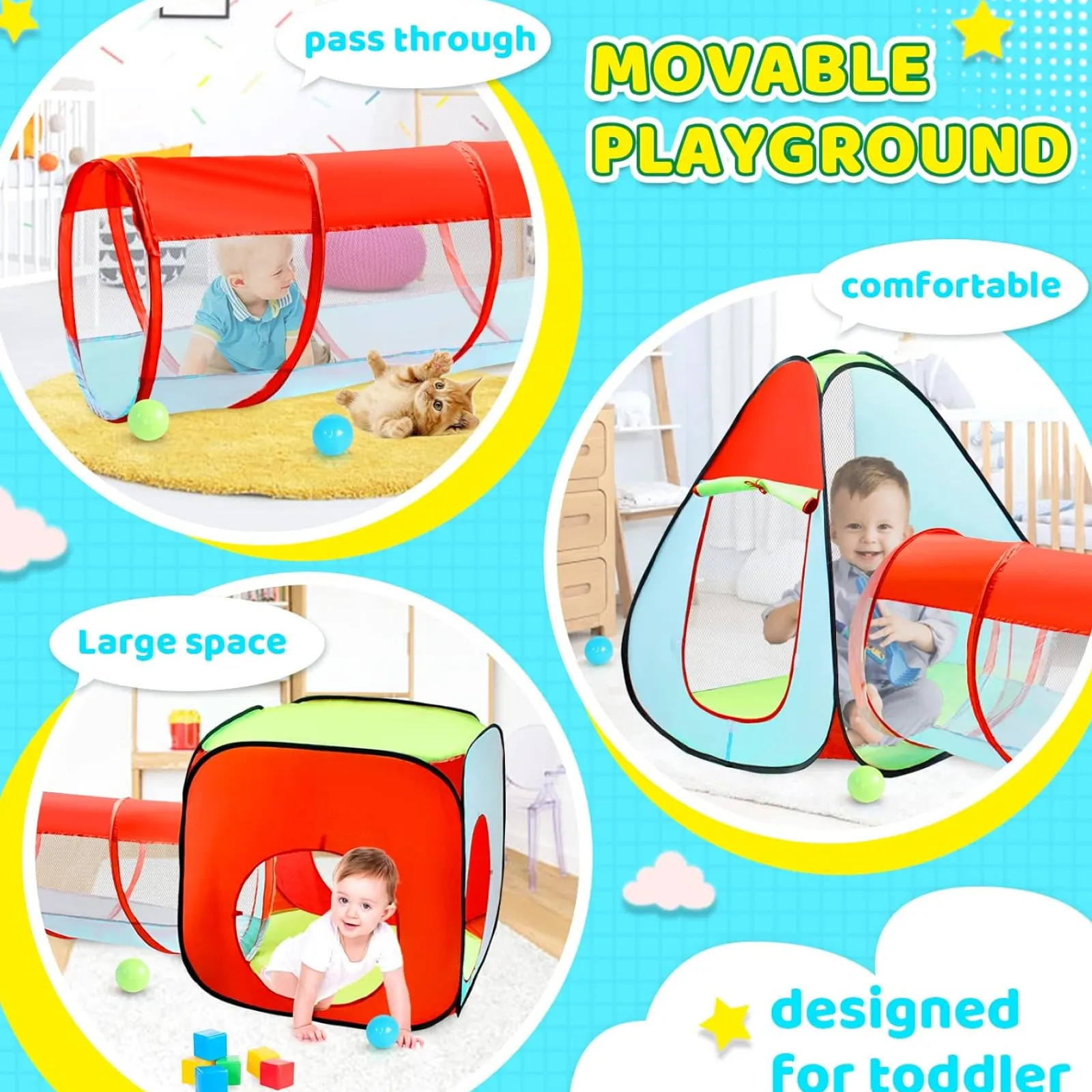 Kinder Little Helper 3-teiliges Spielzelt für Kinder mit Bällebad | Spieltunnel und Tipi-Zelt | Pop-Up-Spielhaus | Höhle