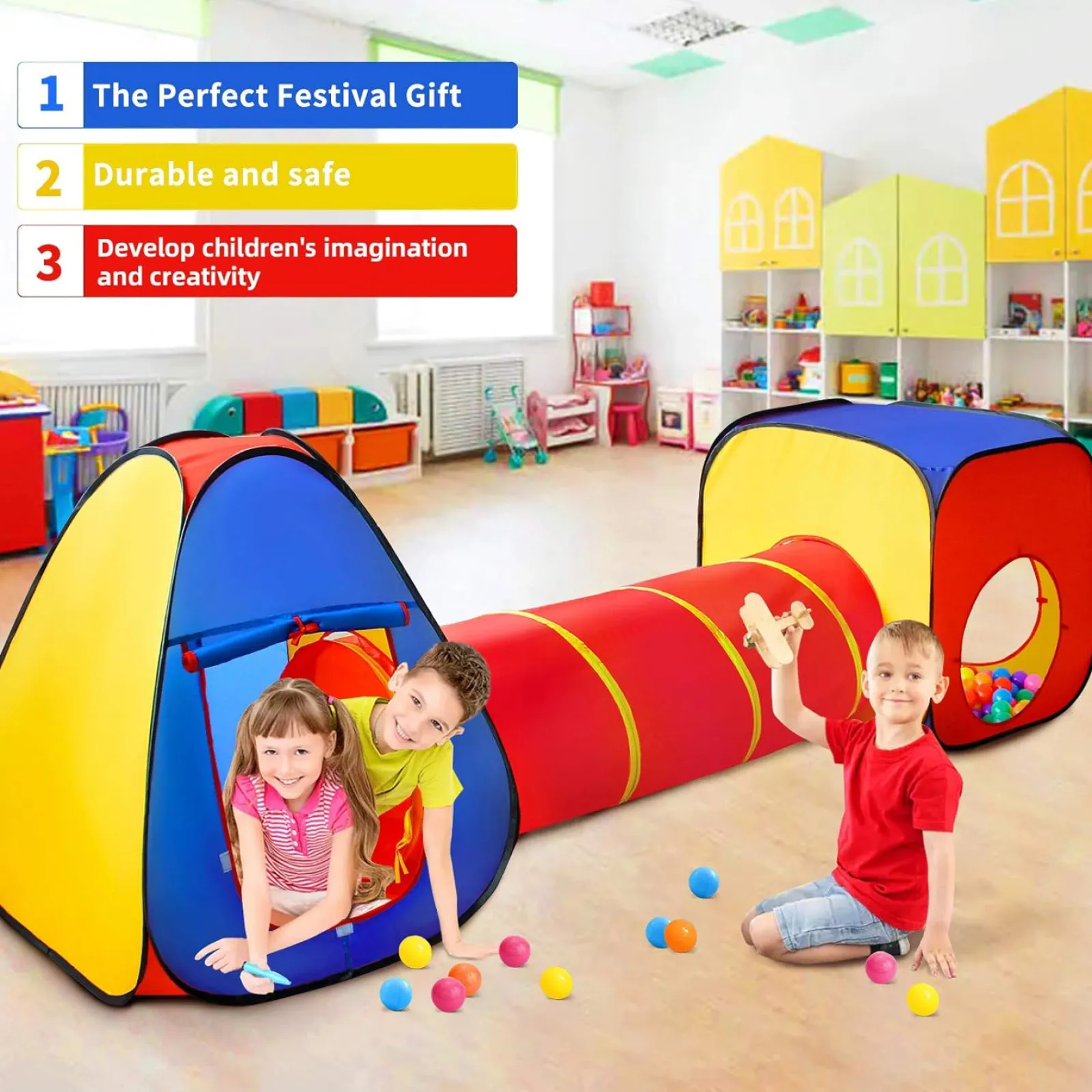 Kinder Little Helper 3-teiliges Spielzelt für Kinder mit Bällebad | Spieltunnel und Tipi-Zelt | Pop-Up-Spielhaus | Höhle