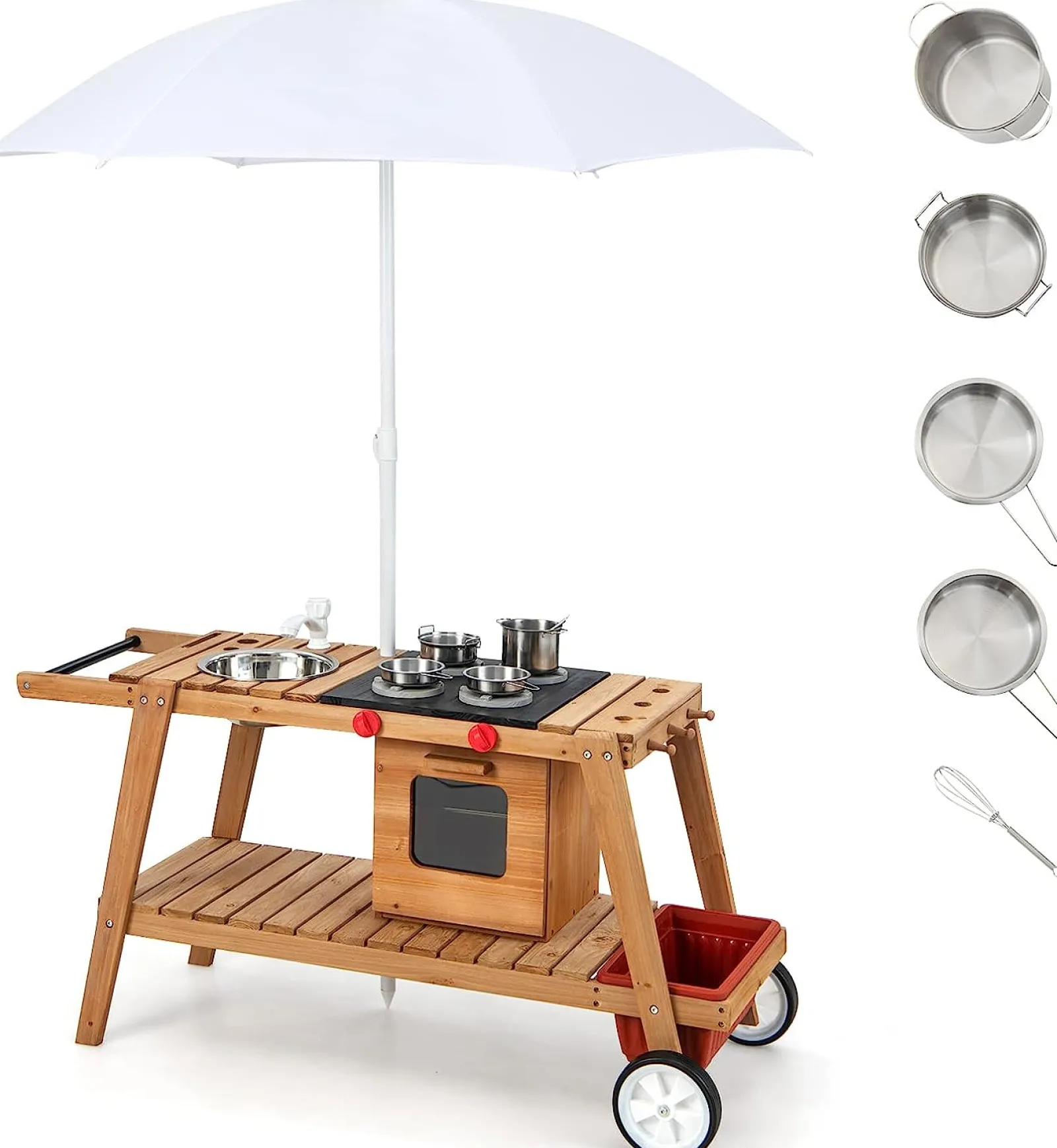 Little Helper Tragbar | Umweltfreundliche Montessori-Matschküche aus natürlichem Tannenholz für Kinder mit Regenschirm | Holzspielzeugküche | Ab 3 Jahren