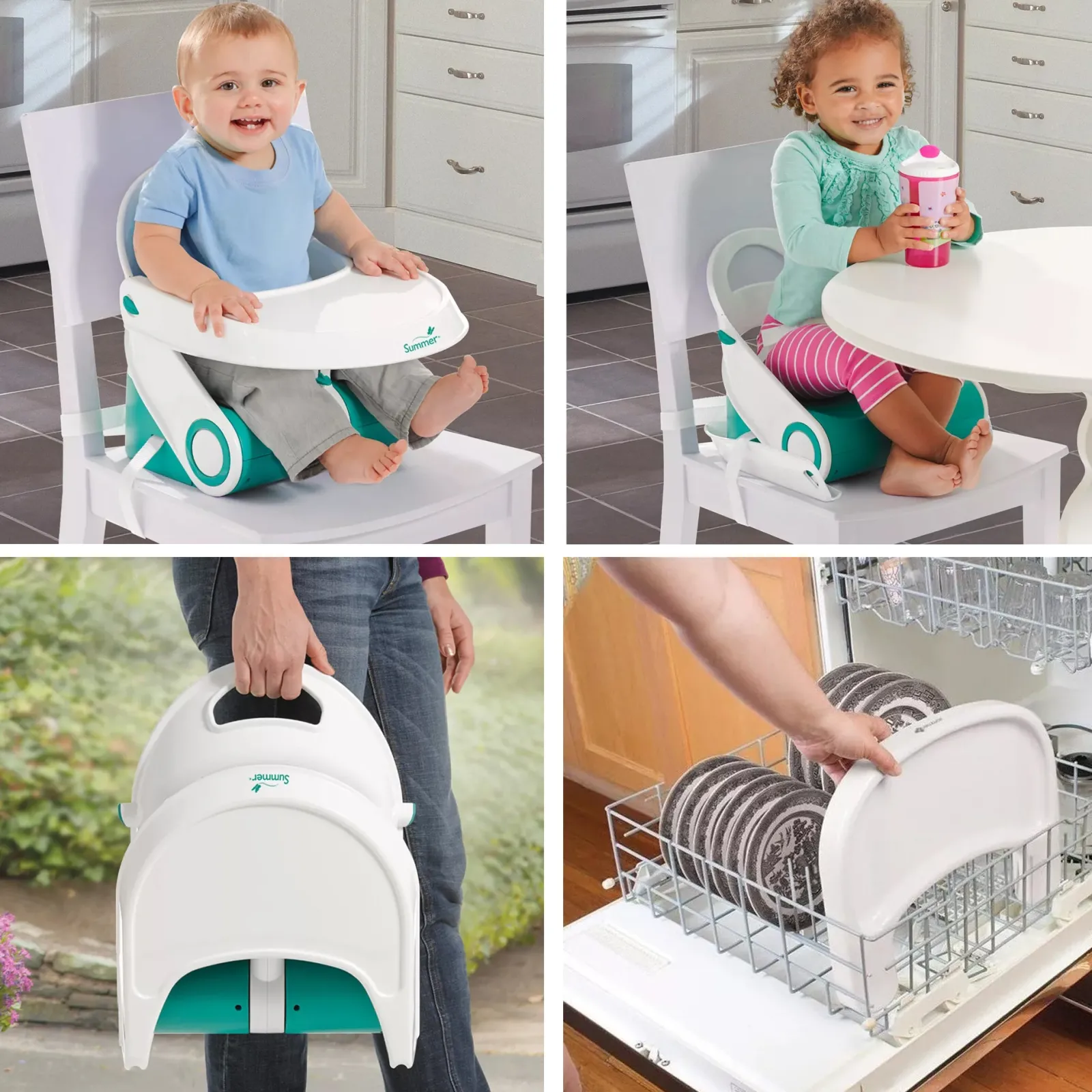 Kinder Little Helper Tragbarer und zusammenklappbarer Deluxe Comfort-Sitzerhöhungssitz für Babys und Kleinkinder | Tragbarer Hochstuhl | Blaugrün und Weiß