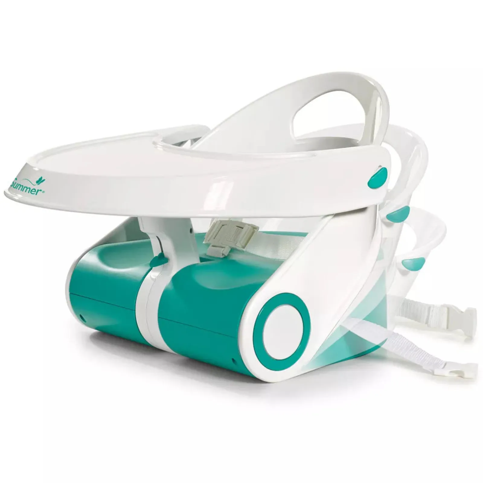 Kinder Little Helper Tragbarer und zusammenklappbarer Deluxe Comfort-Sitzerhöhungssitz für Babys und Kleinkinder | Tragbarer Hochstuhl | Blaugrün und Weiß