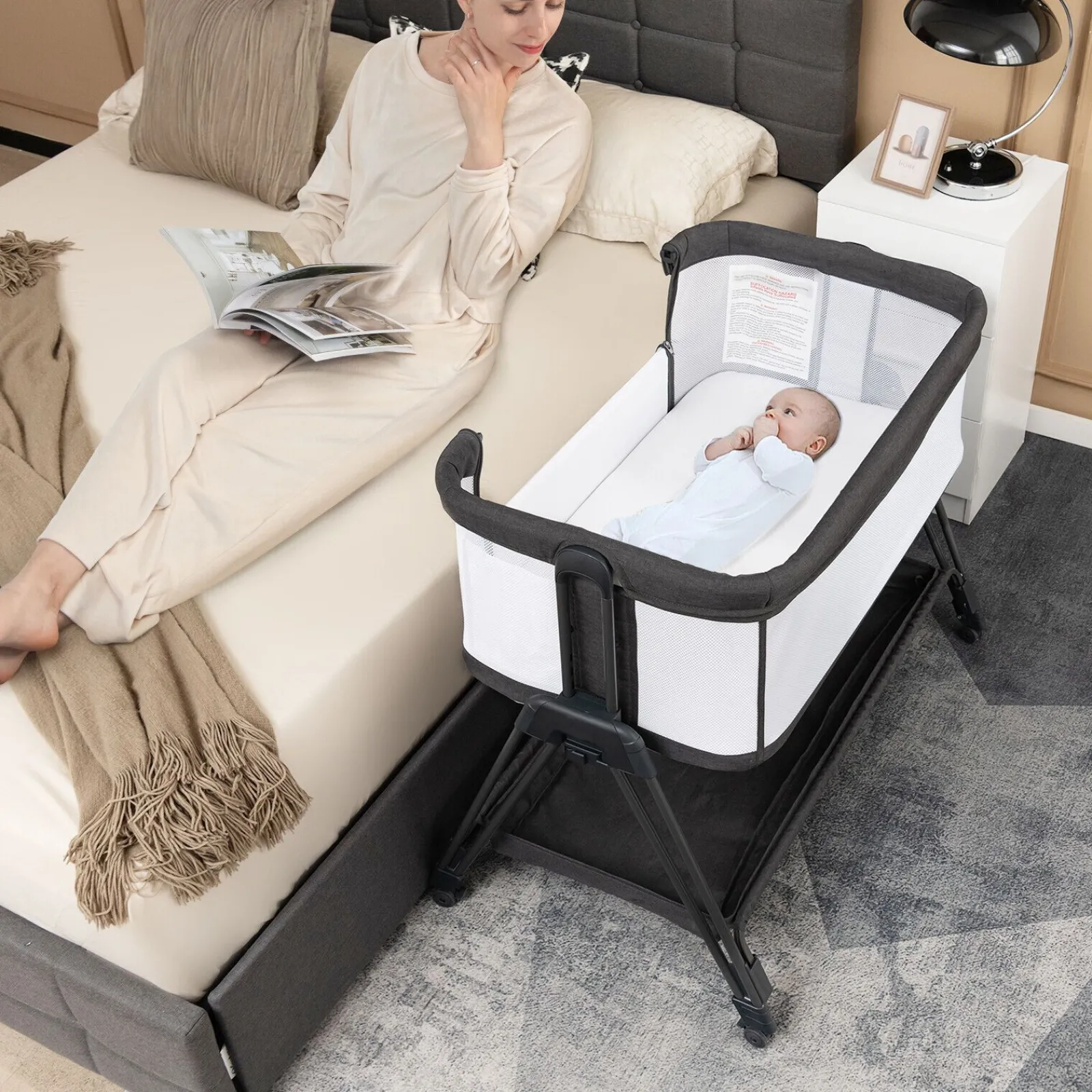 Kinder Little Helper Tragbares Babybett neben mir | Bettwäsche | 7 einstellbare Höhen | Ablage | Räder | Tragetasche | 0–6m