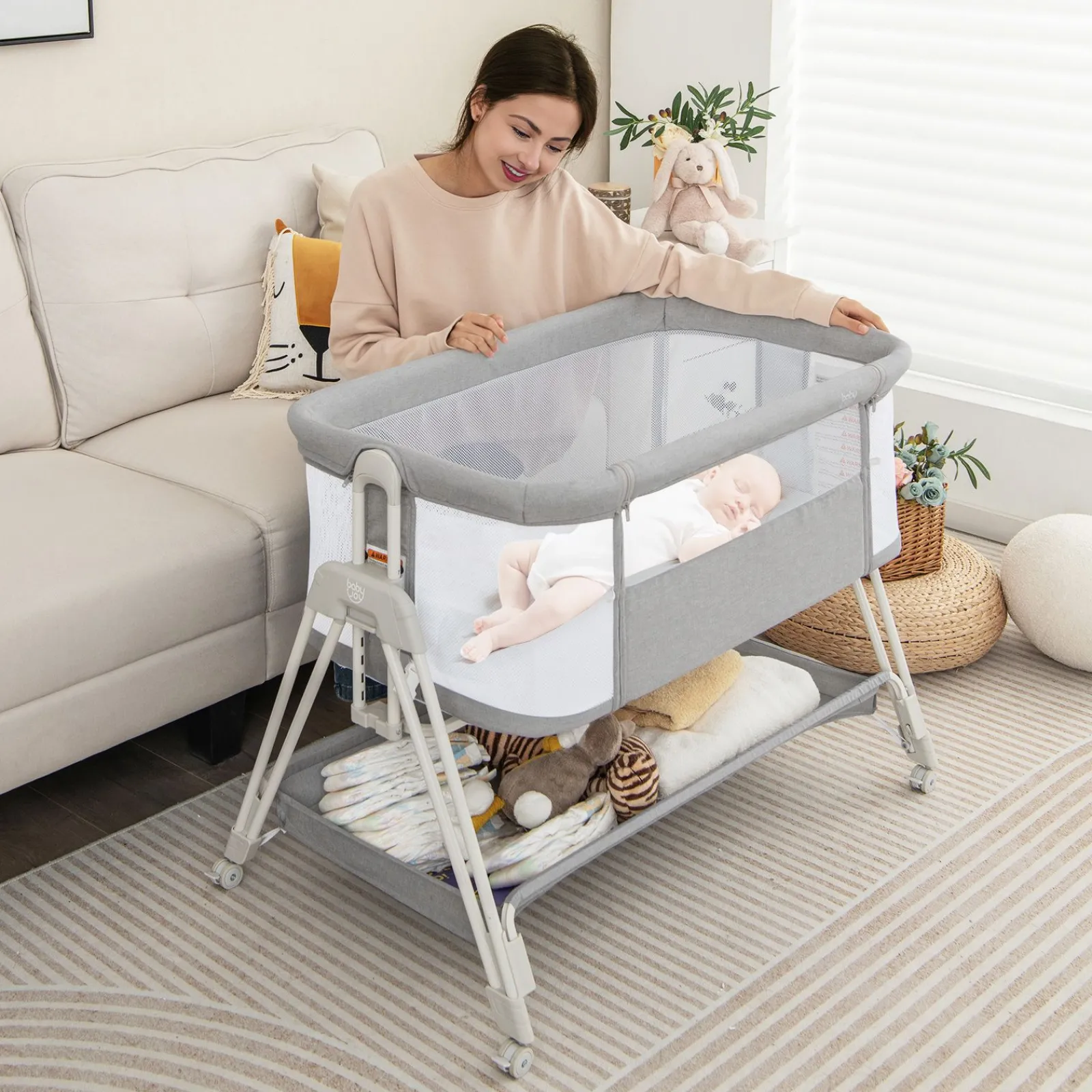 Kinder Little Helper Tragbares Babybett neben mir | Bettwäsche | 7 einstellbare Höhen | Ablage | Räder | Tragetasche | 0–6m
