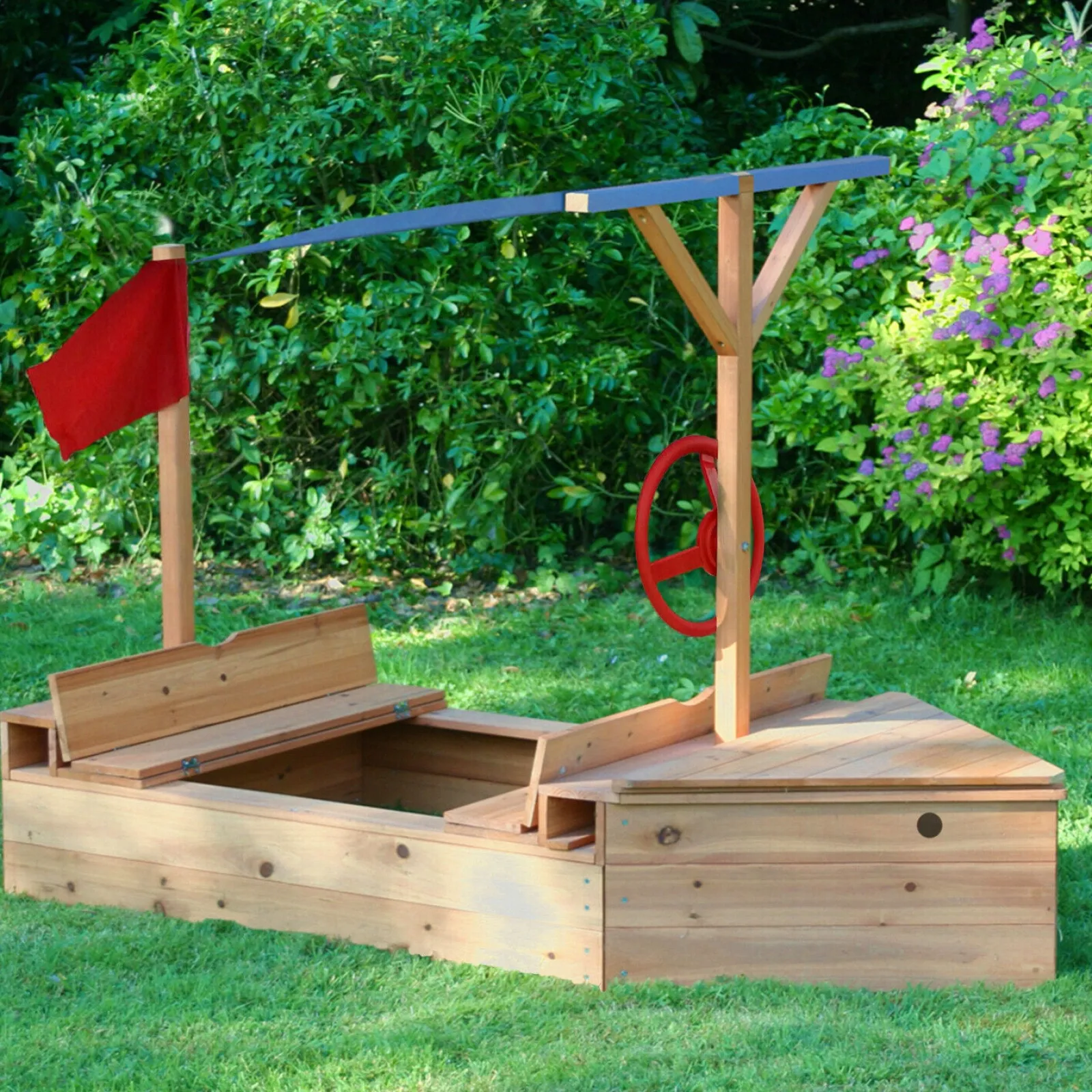 Little Helper Umweltbewusster 2-in-1-Sandkasten „Piratenschiff“ mit Sonnendach und Stauraum für Kinder aus 100 % imprägniertem Tannenholz | 1,65m lang | Alle Altersgruppen