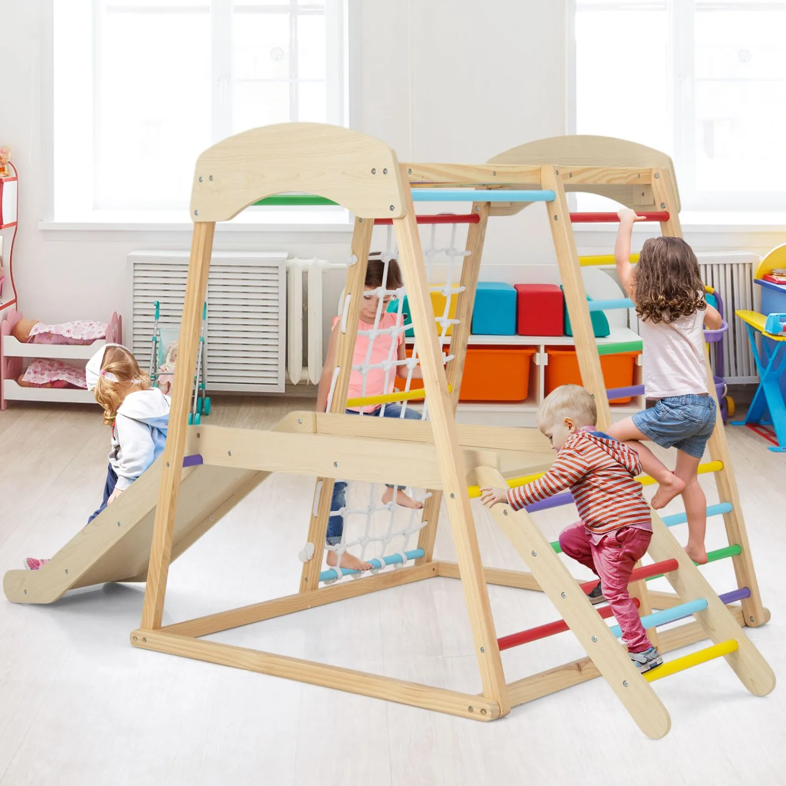 Kinder Little Helper Umweltbewusstes 6-in-1-Klettergerüst aus Holz für den Innenbereich | Klettergerüst für Kinderspielplatz | Rutsche | 12m+