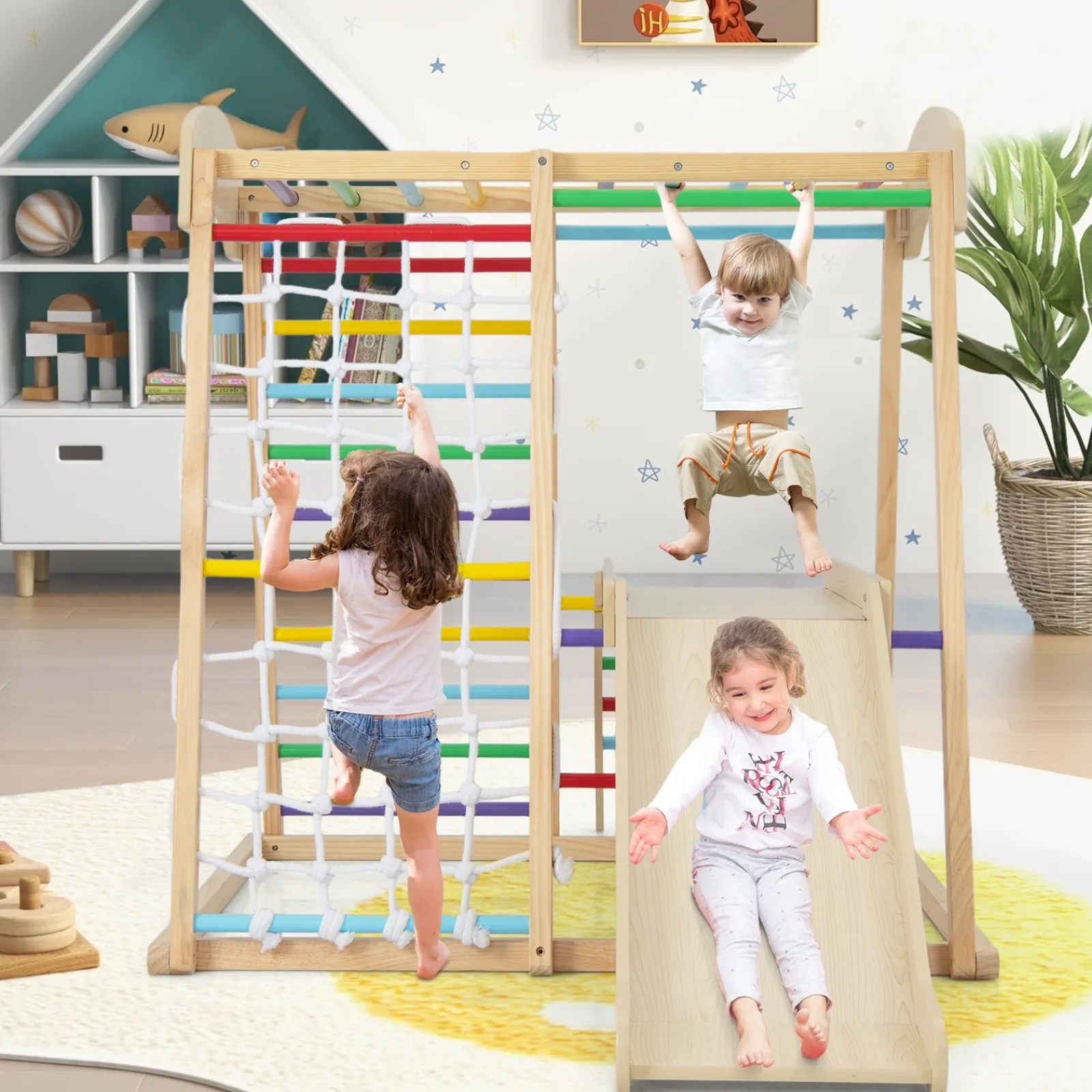 Kinder Little Helper Umweltbewusstes 6-in-1-Klettergerüst aus Holz für den Innenbereich | Klettergerüst für Kinderspielplatz | Rutsche | 12m+