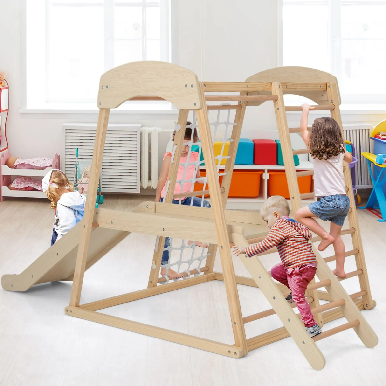 Kinder Little Helper Umweltbewusstes 6-in-1-Klettergerüst aus Holz für den Innenbereich | Klettergerüst für Kinderspielplatz | Rutsche | 12m+
