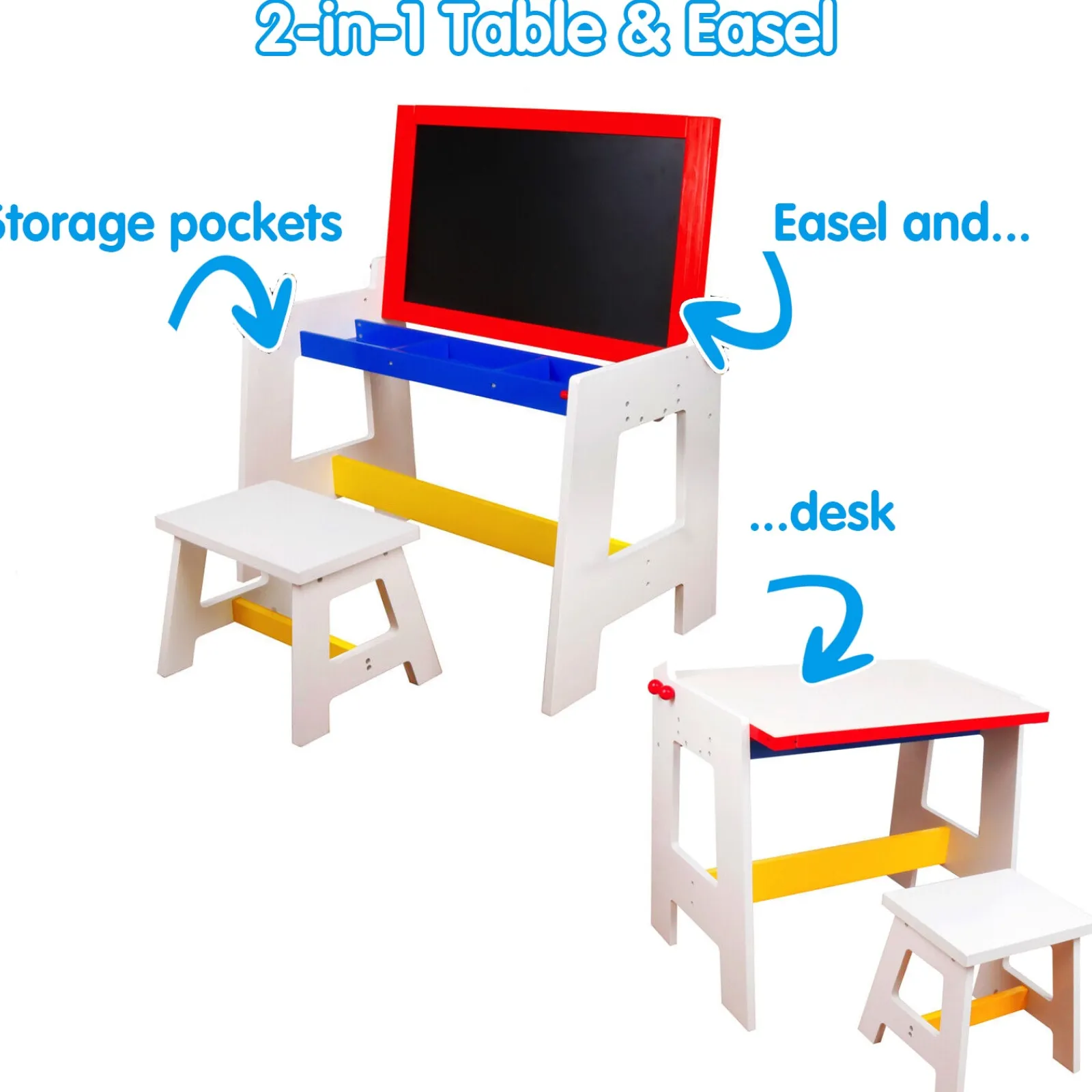 Kinder Little Helper Umweltbewusstes 2-in-1-Schreibtisch- und Hockerset aus Massivholz mit Staffelei, Aufbewahrung und Papierrolle | 3–8 Jahre