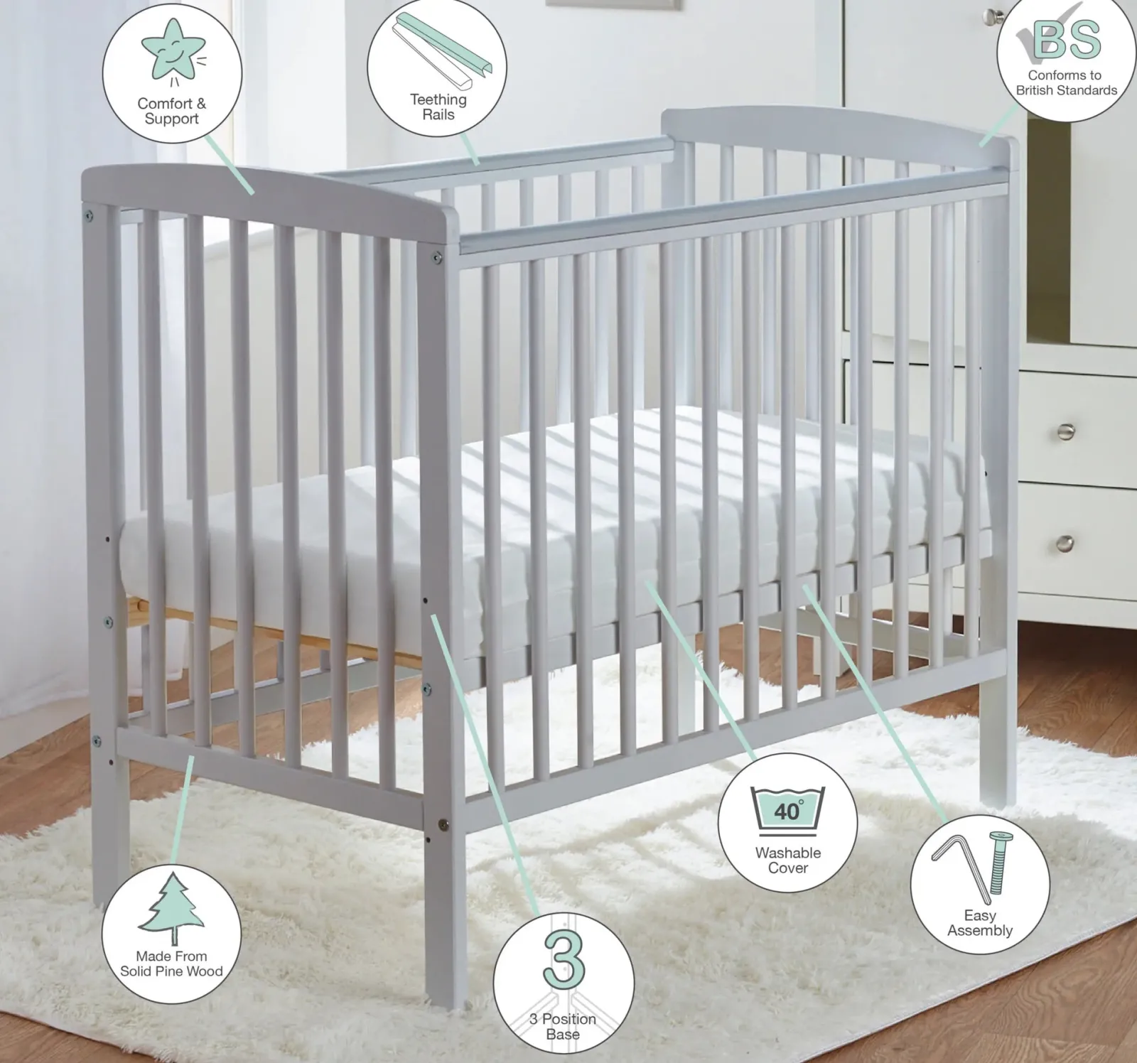 Kinder Little Helper Umweltbewusstes Kozie-Kinderbett | Platzsparendes Kinderbett | Mit Deluxe-Schaumstoffmatratze und Deckenoption | Massive Kiefer | Weiches Grau