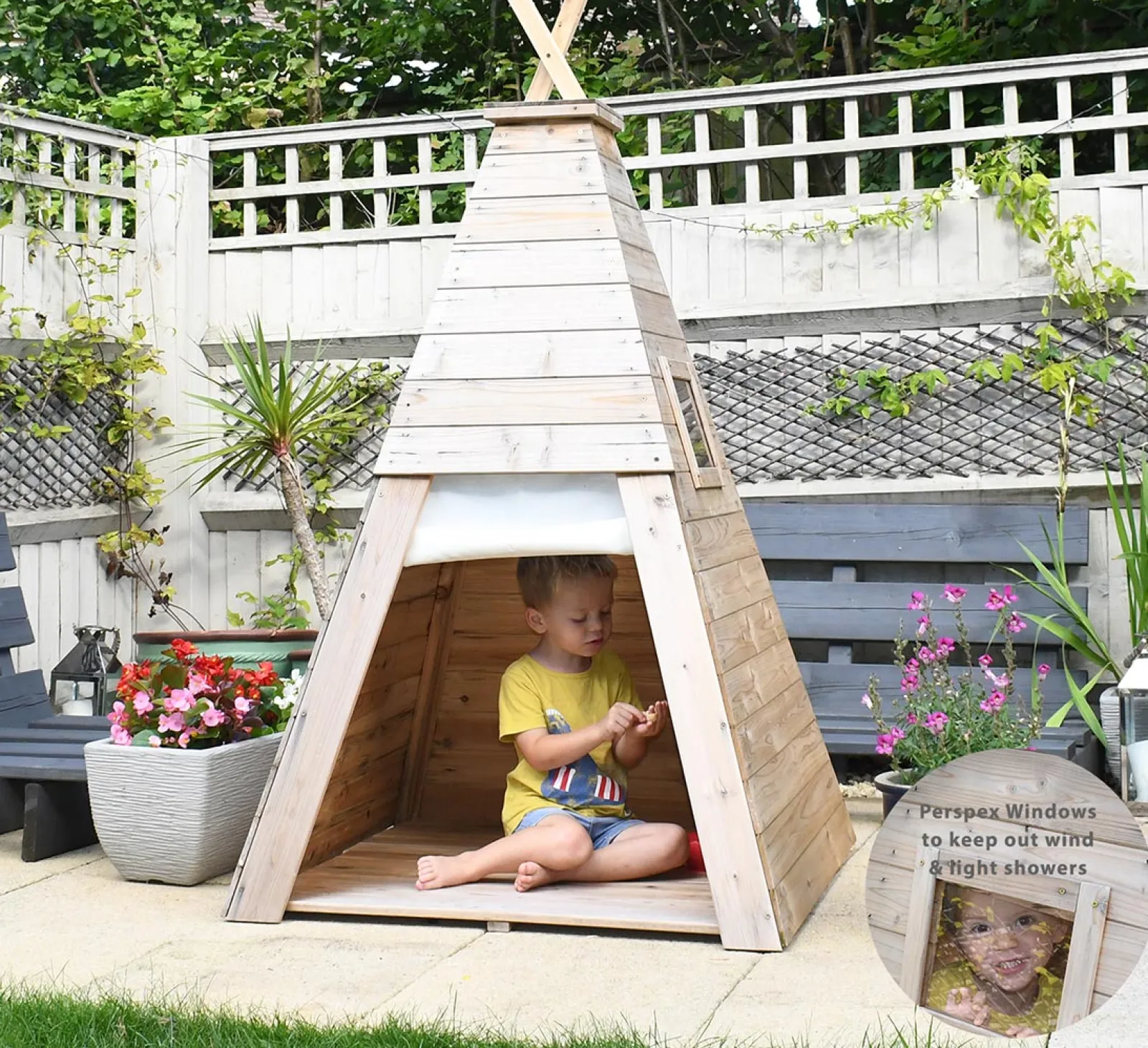 Little Helper Umweltbewusstes, robustes und stabiles Montessori-Tipi für Kinder | Spielhaus oder Höhle aus Holz mit Tür und Fenstern | 1,55 m hoch