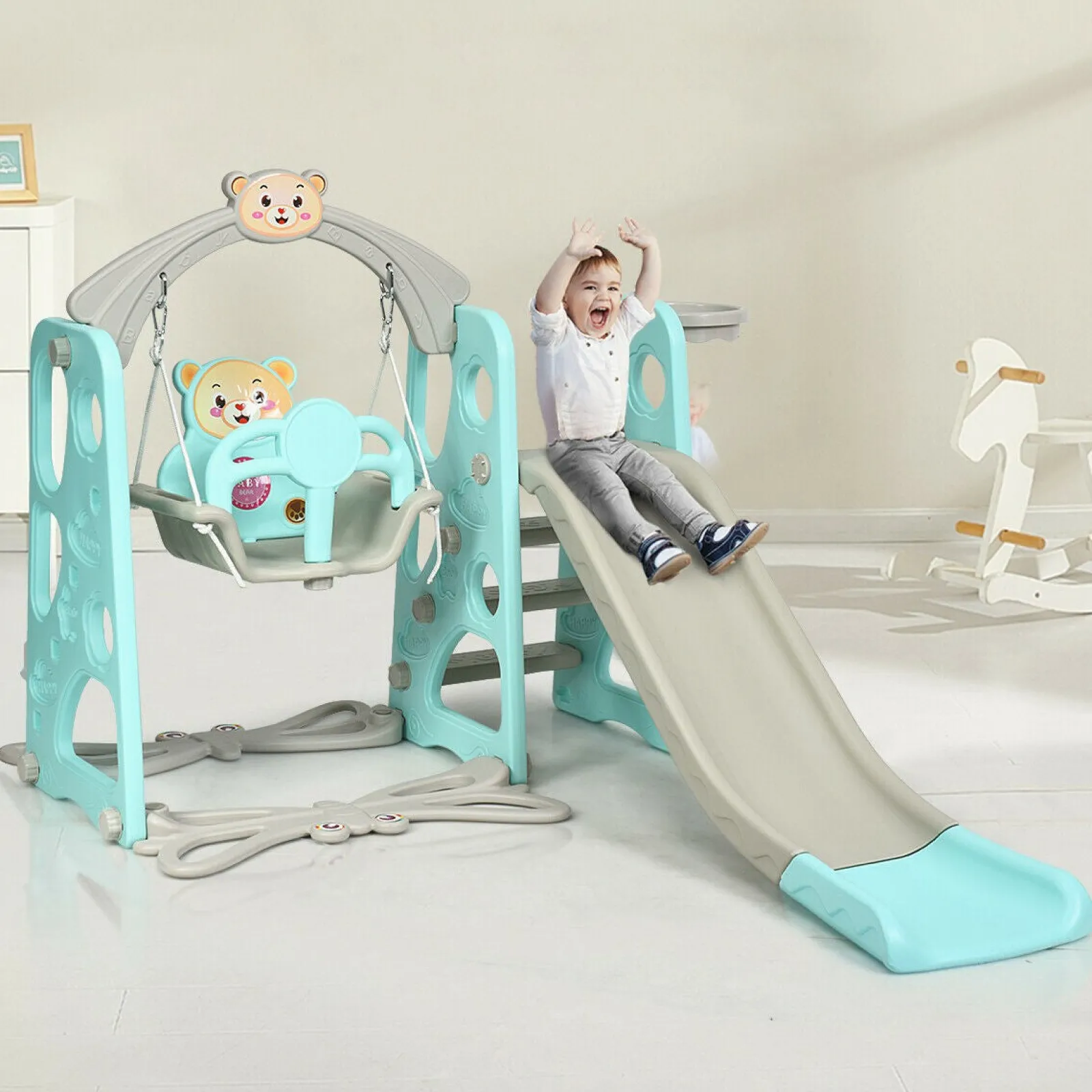 Kinder Little Helper Umweltfreundlich | Ungiftig | 3-in-1-Schaukel- und Rutschenset für Kleinkinder | Drinnen und draußen | Aquamarin und Grau | 1–6 Jahre